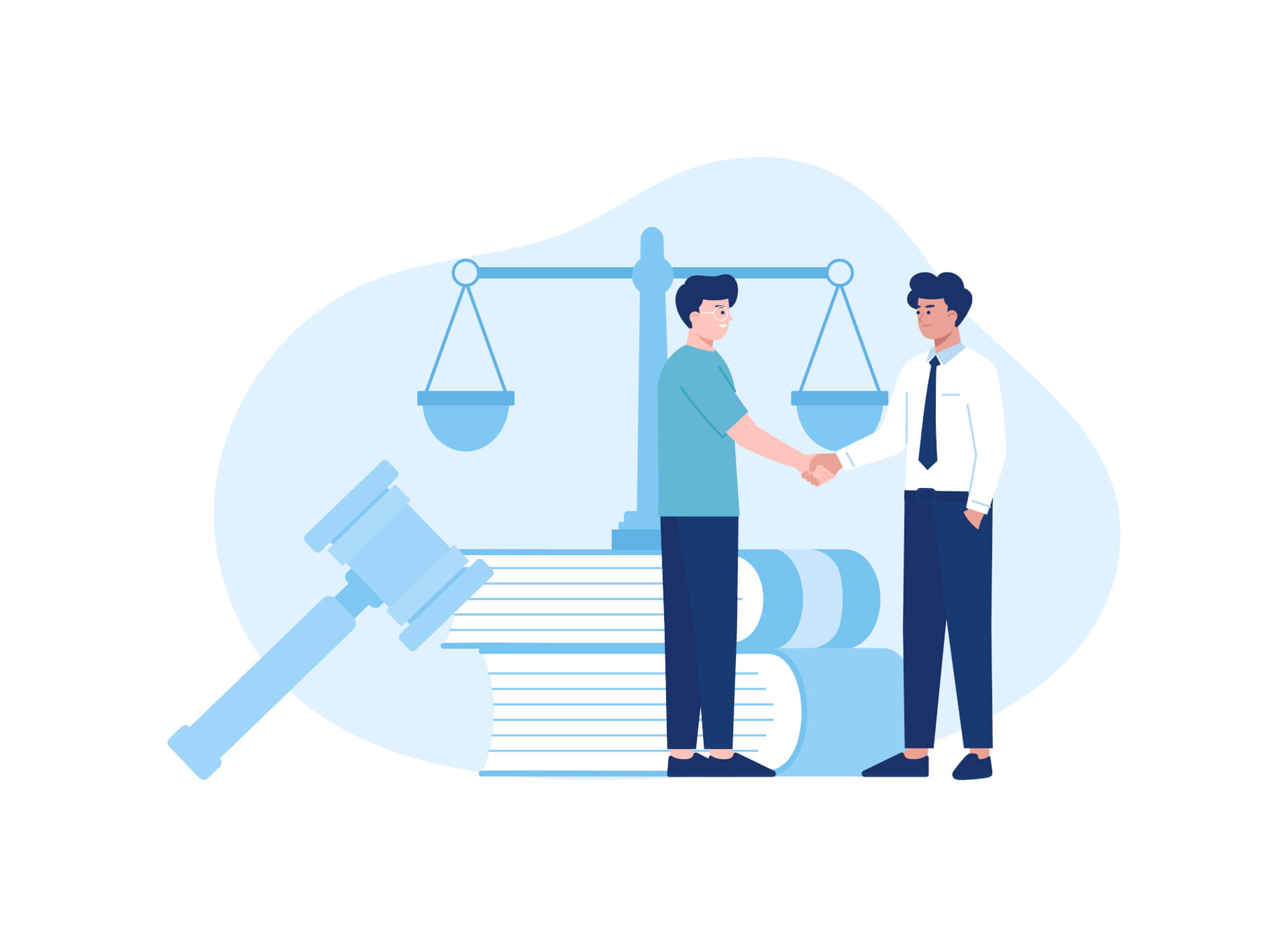 Abstract Illustration of two men shaking hands, in the background giant stacked books, with a scale and court gavel in the back. 