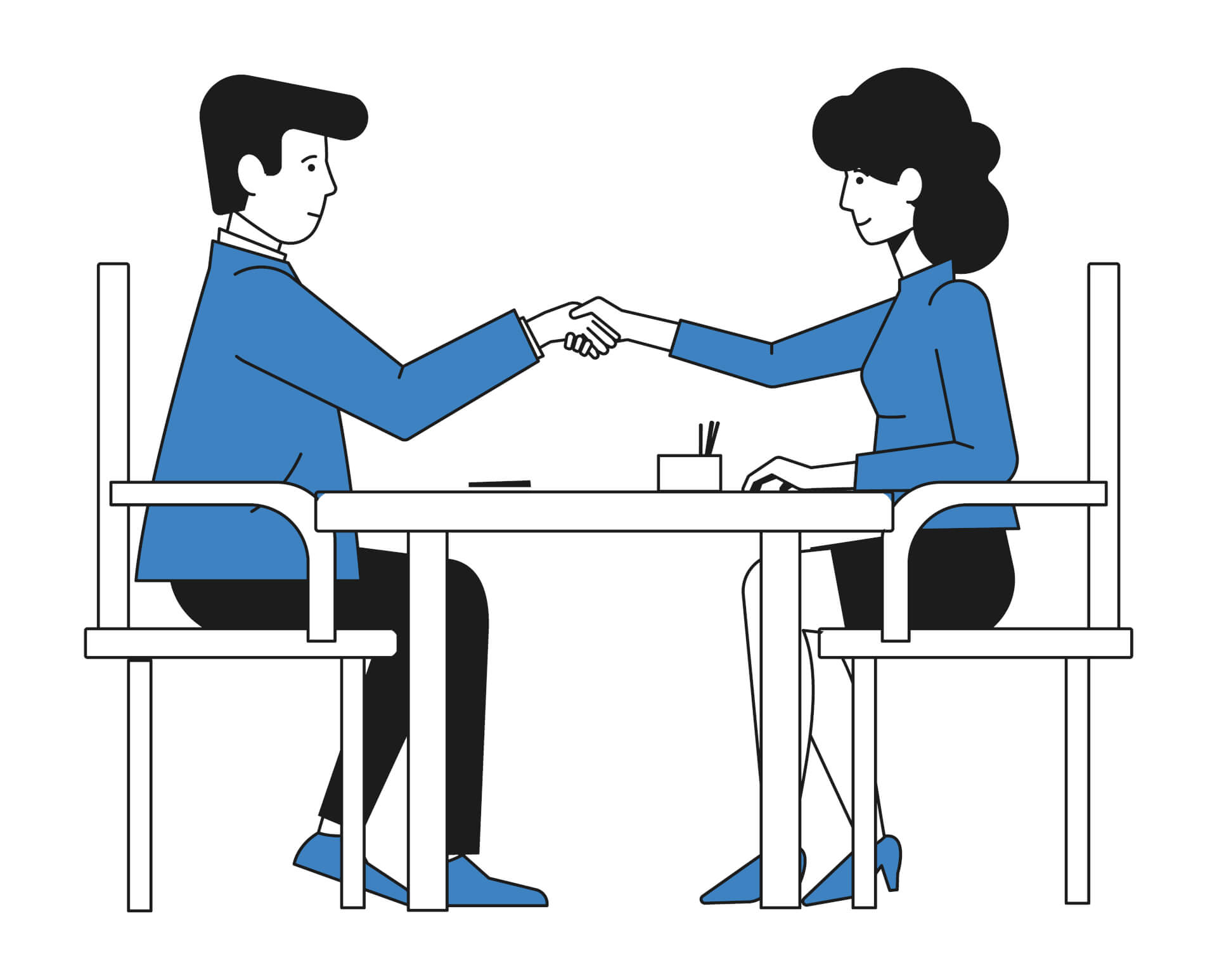 Abstract Illustration of a man and a woman, siting at a table, shaking hands in agreement.