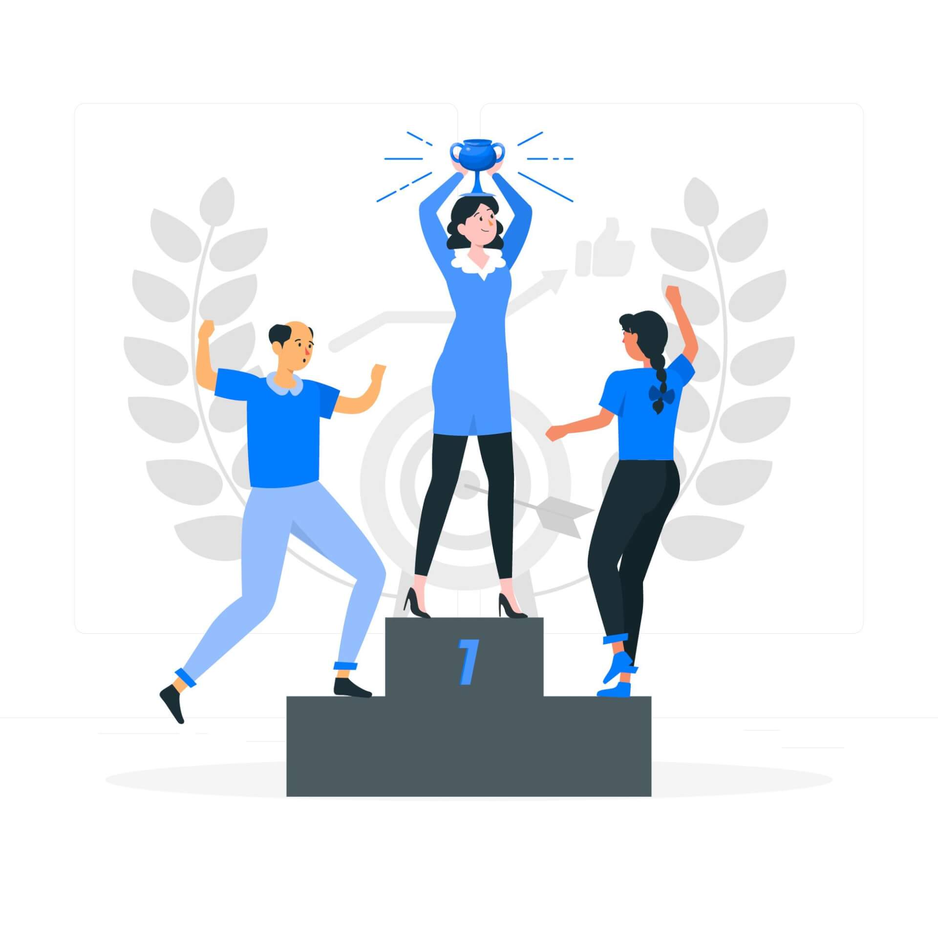 Abstract Illustration of a winner's podium, a woman on top, holding the winning cup, other persons on second and third place, cheering with her.