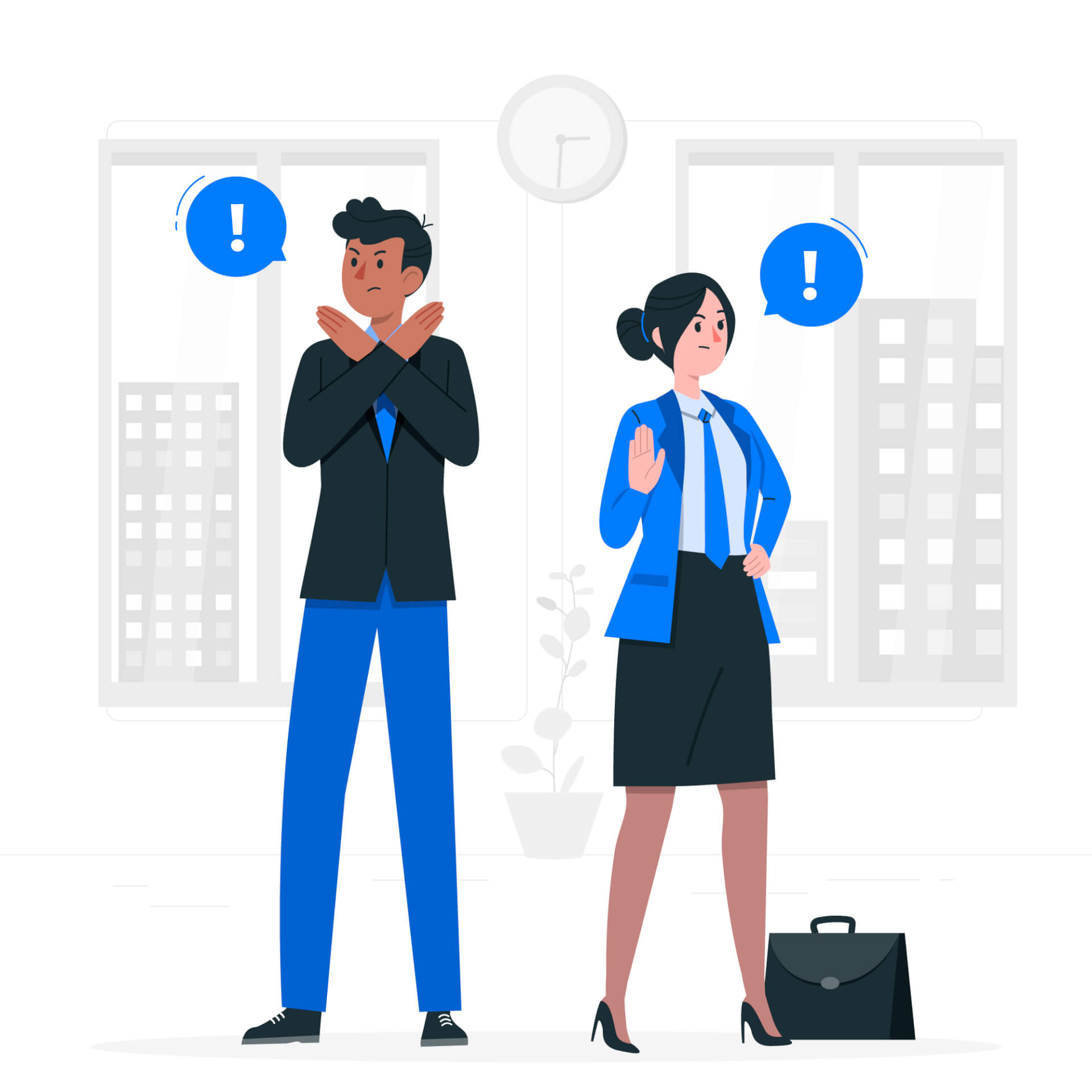 Abstract Illustration of two business people, making signs of denial, speech bubble with exclamationmark next to them. 