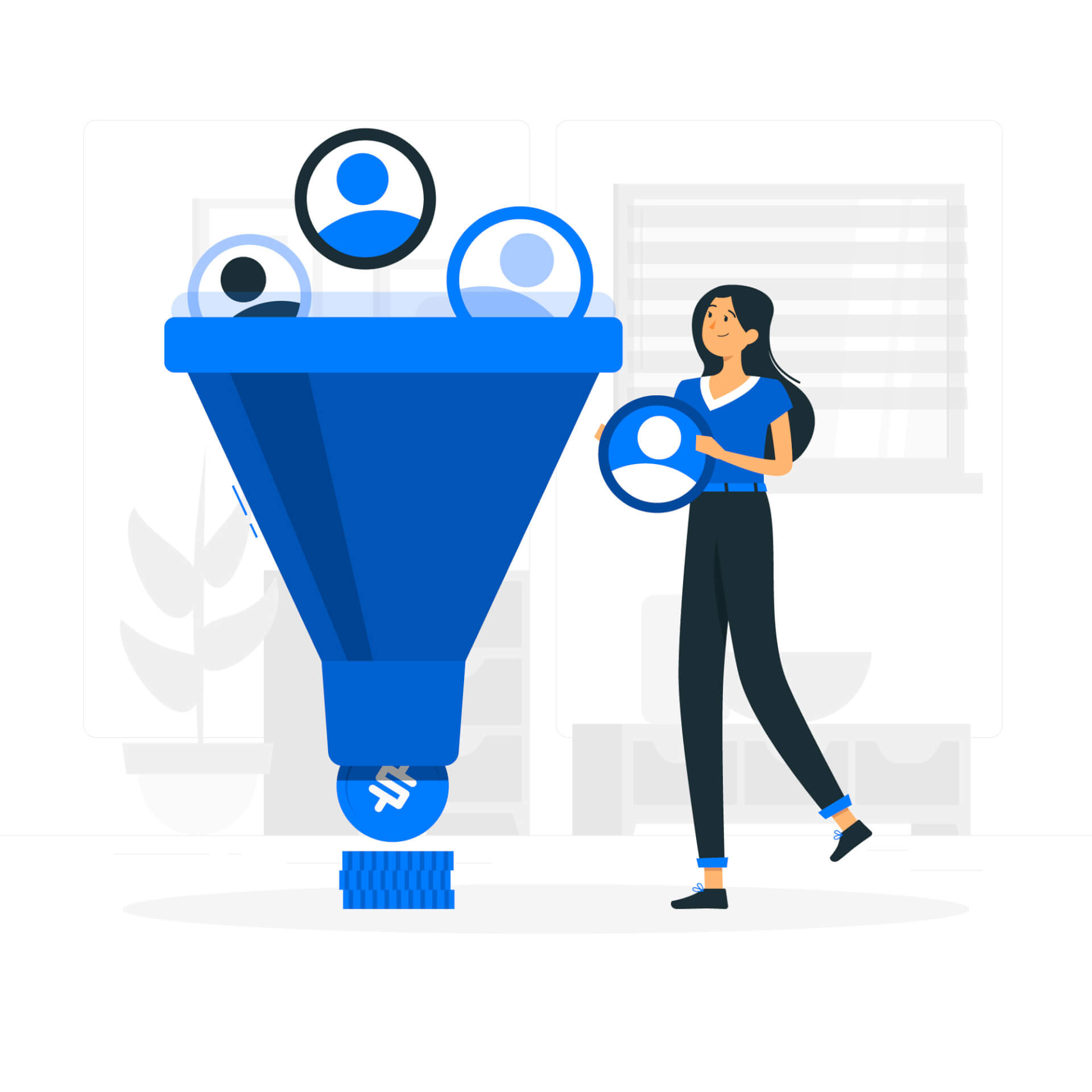 Abstract Illustration of a woman, placing round user symbols into a giant funnel