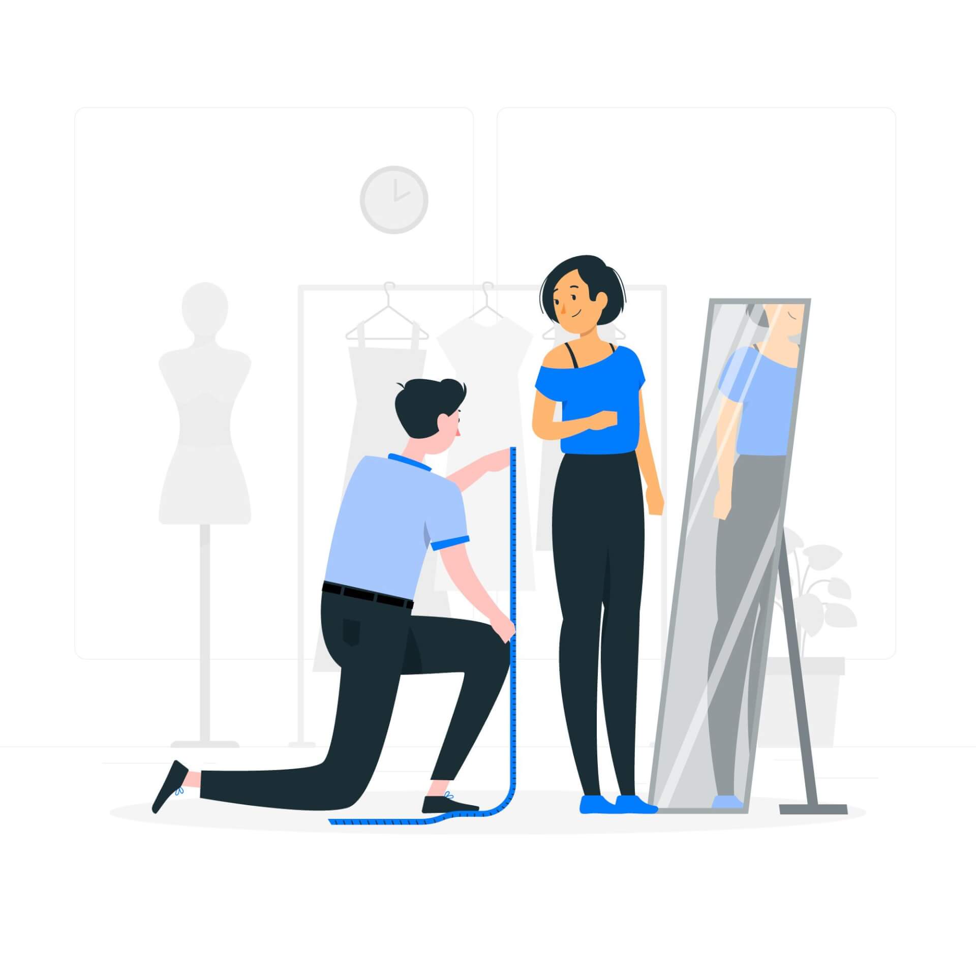 Abstract Illustration of a man, measuring leg lenght of a woman standing in front of him. A mirror on the right.