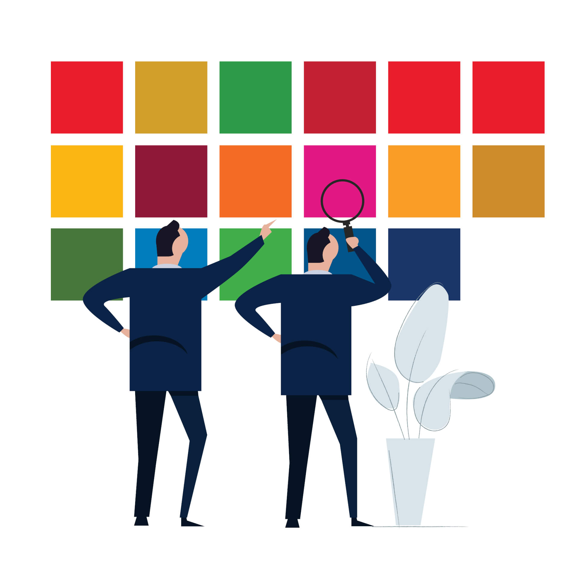 Abstract Illustration of a wall segmented in different colors, with two men in suits standing in front of it, holding magnifying glasses and inspecting.