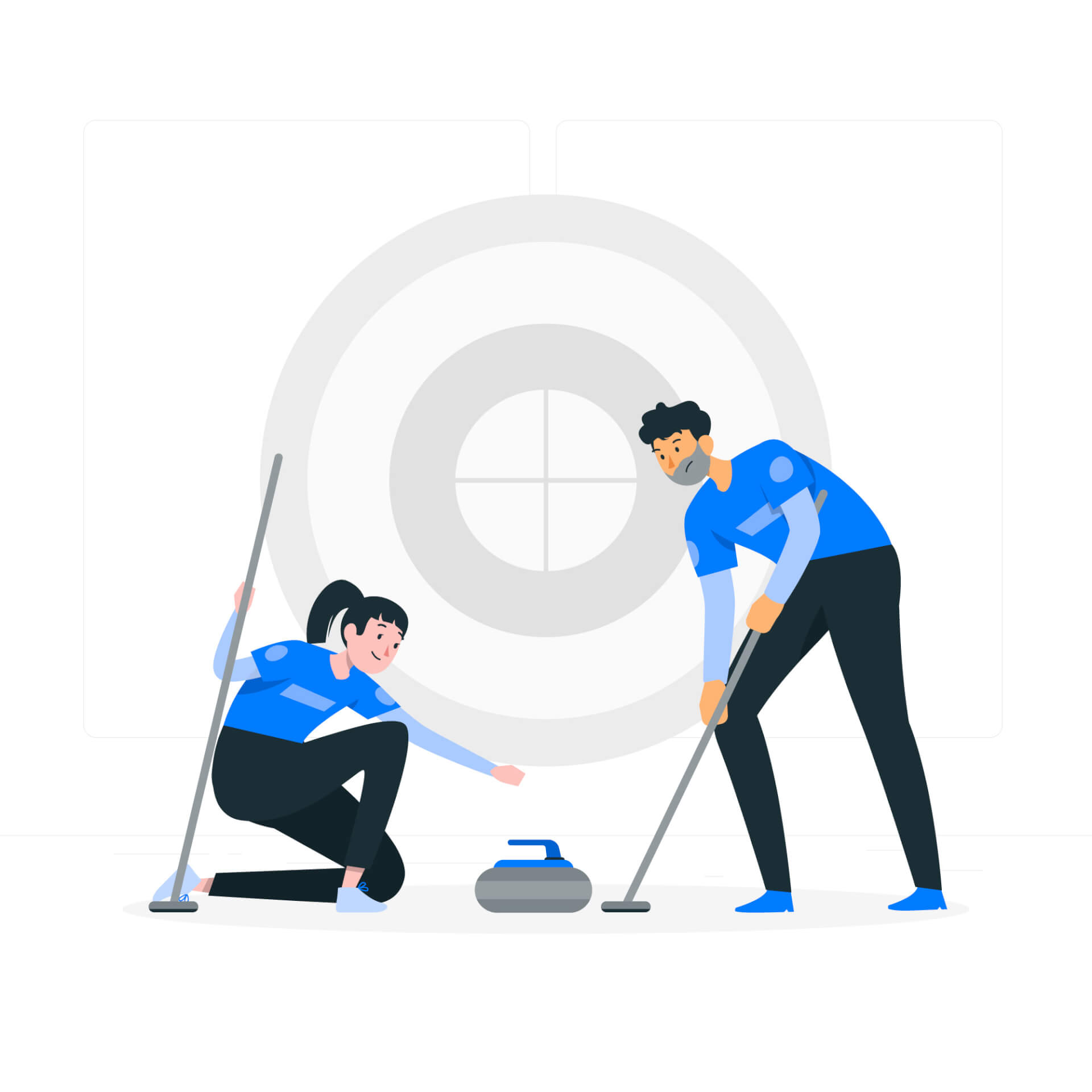 Abstract Illustration of a man and a woman, playing curling, a giant target is displayed in the back. 