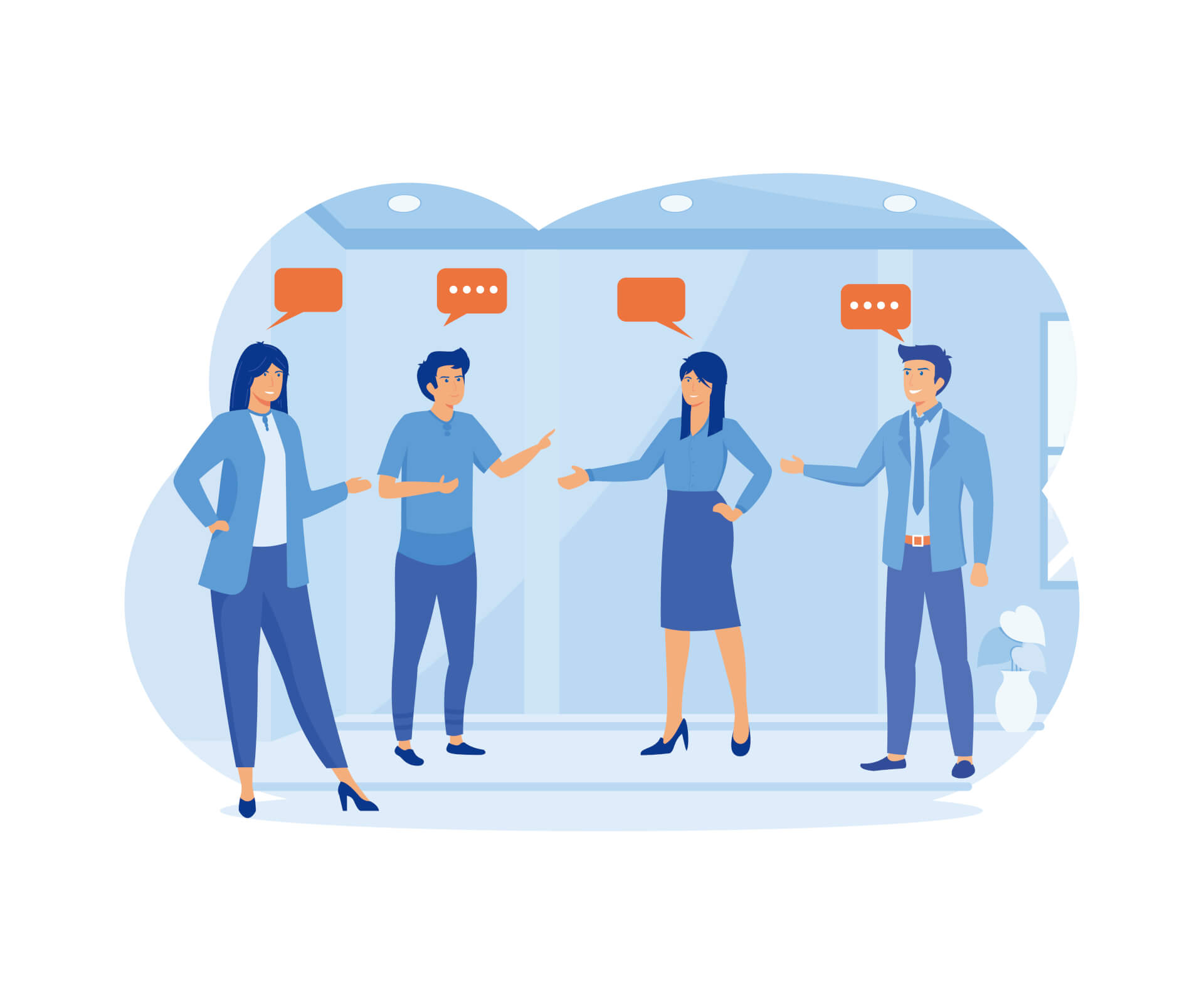 Abstrakte Illustration von vier Personen, die nebeneinander stehen und sprechen. Über ihren Köpfen befinden sich Sprechblasen mit verschiedenen Symbolen.