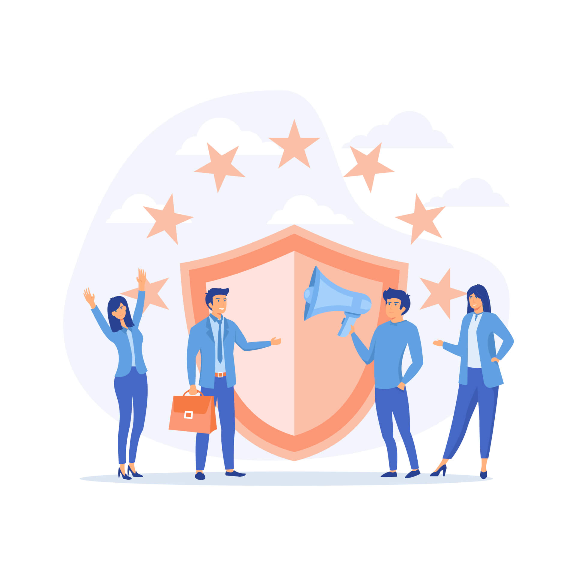 Abstract Illustration of four persons, standing in front of a giant shield, a man holds a megaphone, another a briefcase. A star rating is floating over them in a half circle. 