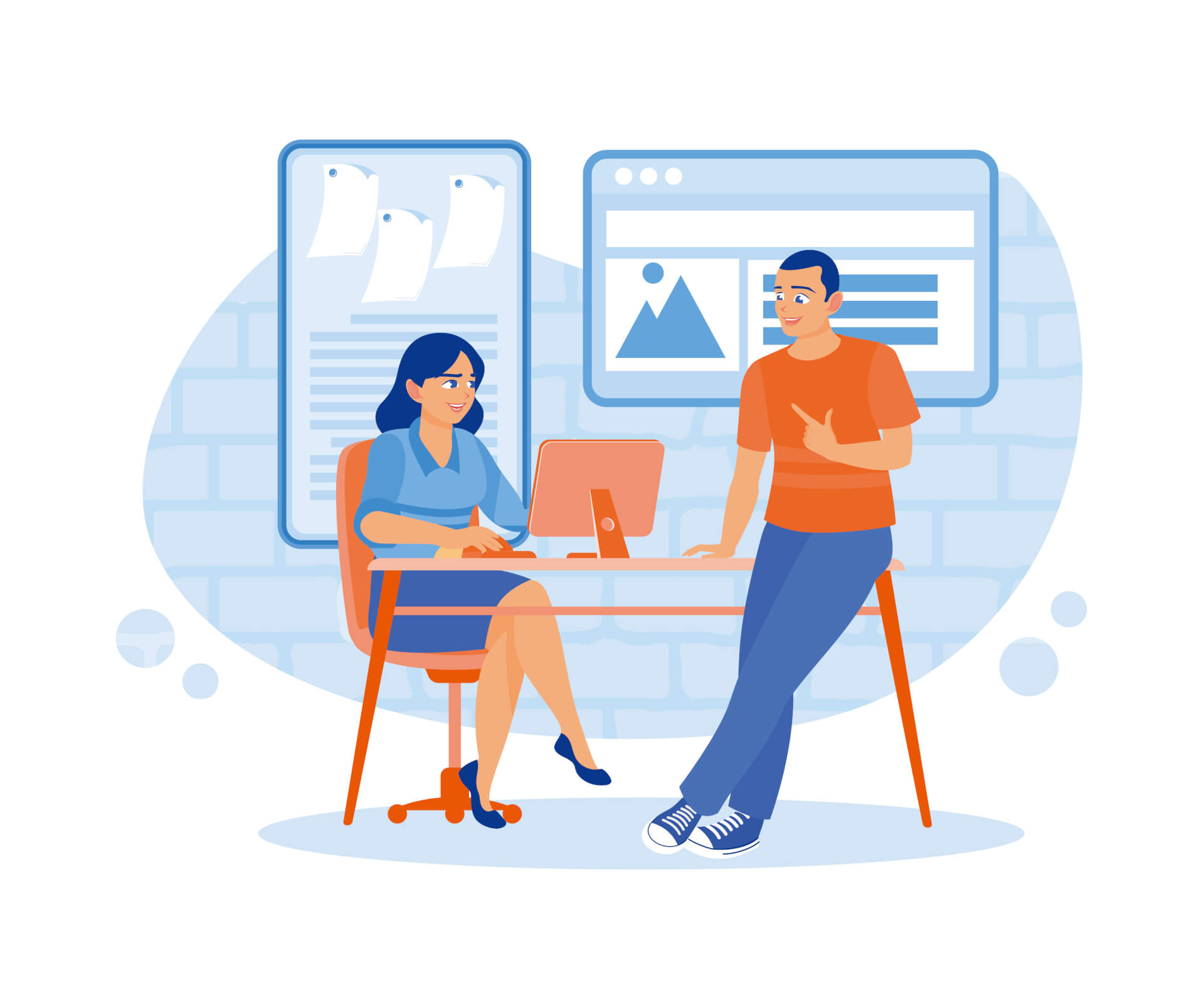 Abstract Illustration of a woman, siting at her desk, a man leaning on the desk, talking to her. In the background, displays of statistics. 