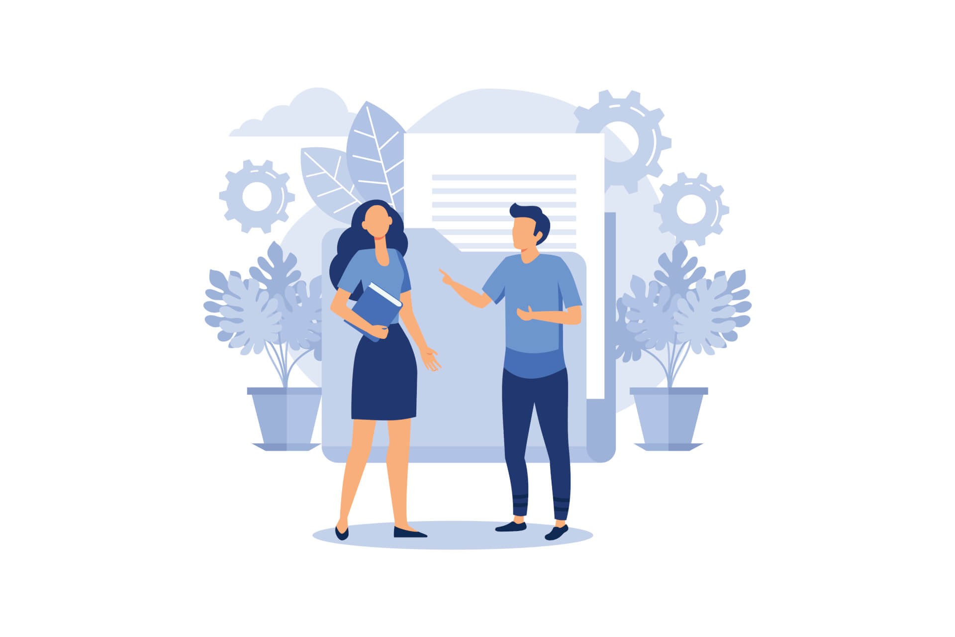 Illustration eines Mannes und einer Frau, die vor einem riesigen Dokument stehen.