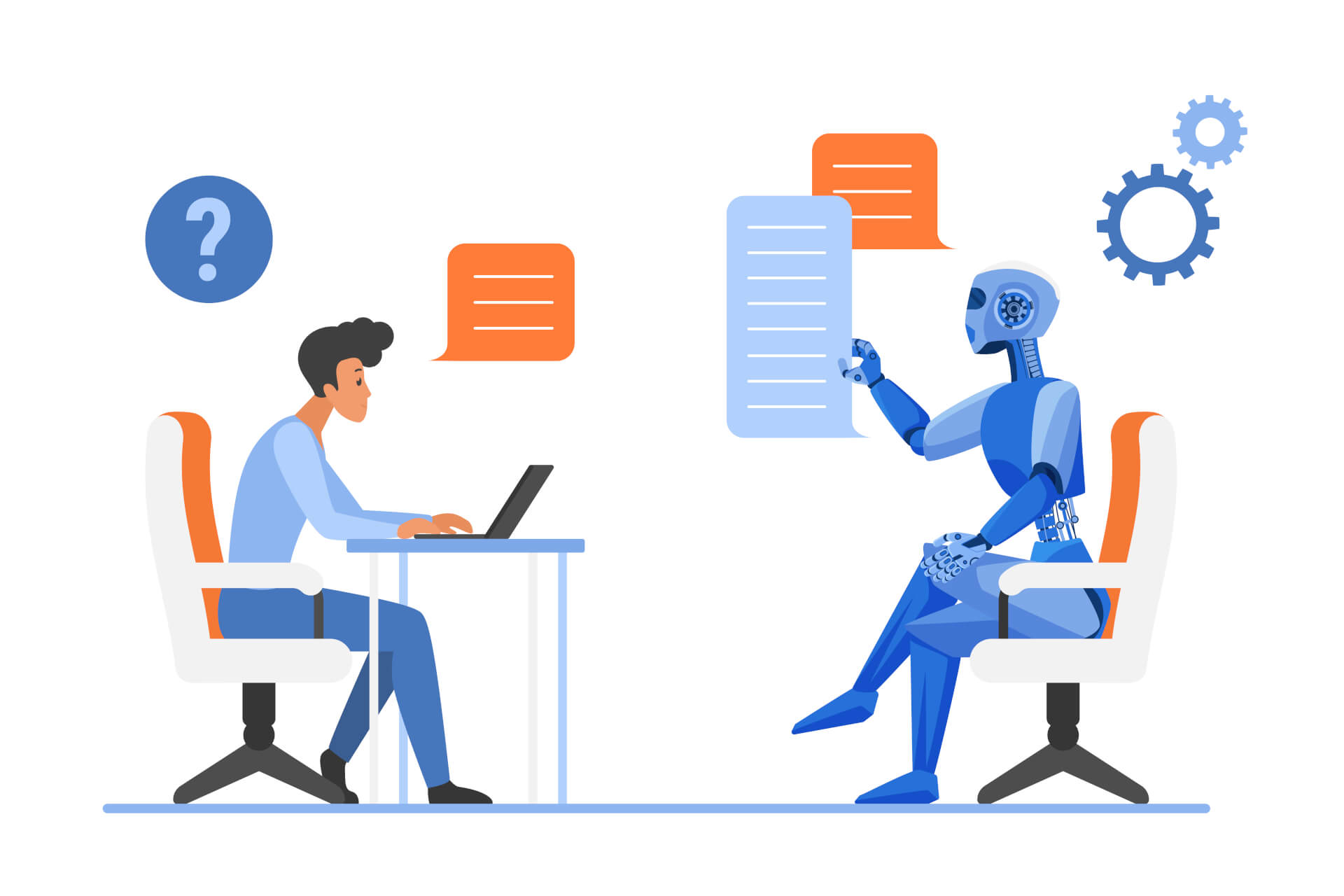 Illustration of a man, sitting next to a humanoid robot, both writing and making conversation. 