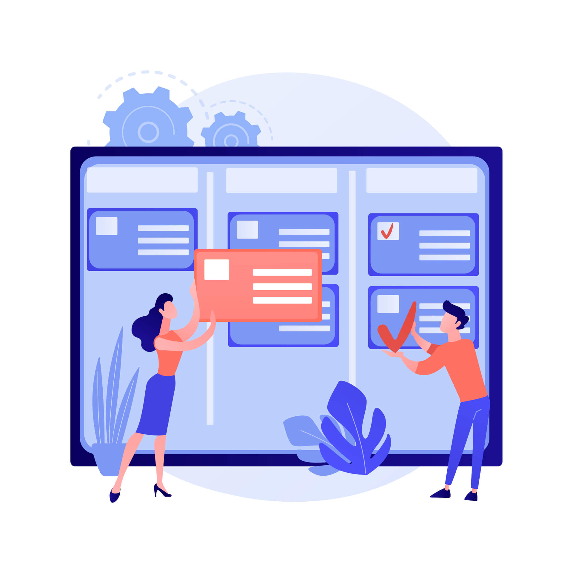 Zwei Personen arbeiten an einem riesigen Kanban-Board und nehmen Änderungen vor