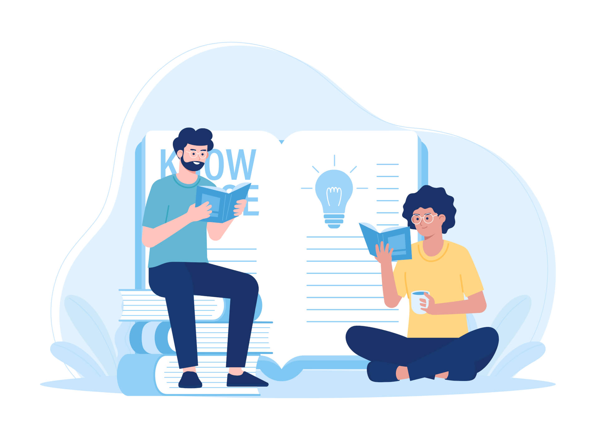 Illustration of two persons reading from books, telling a story.