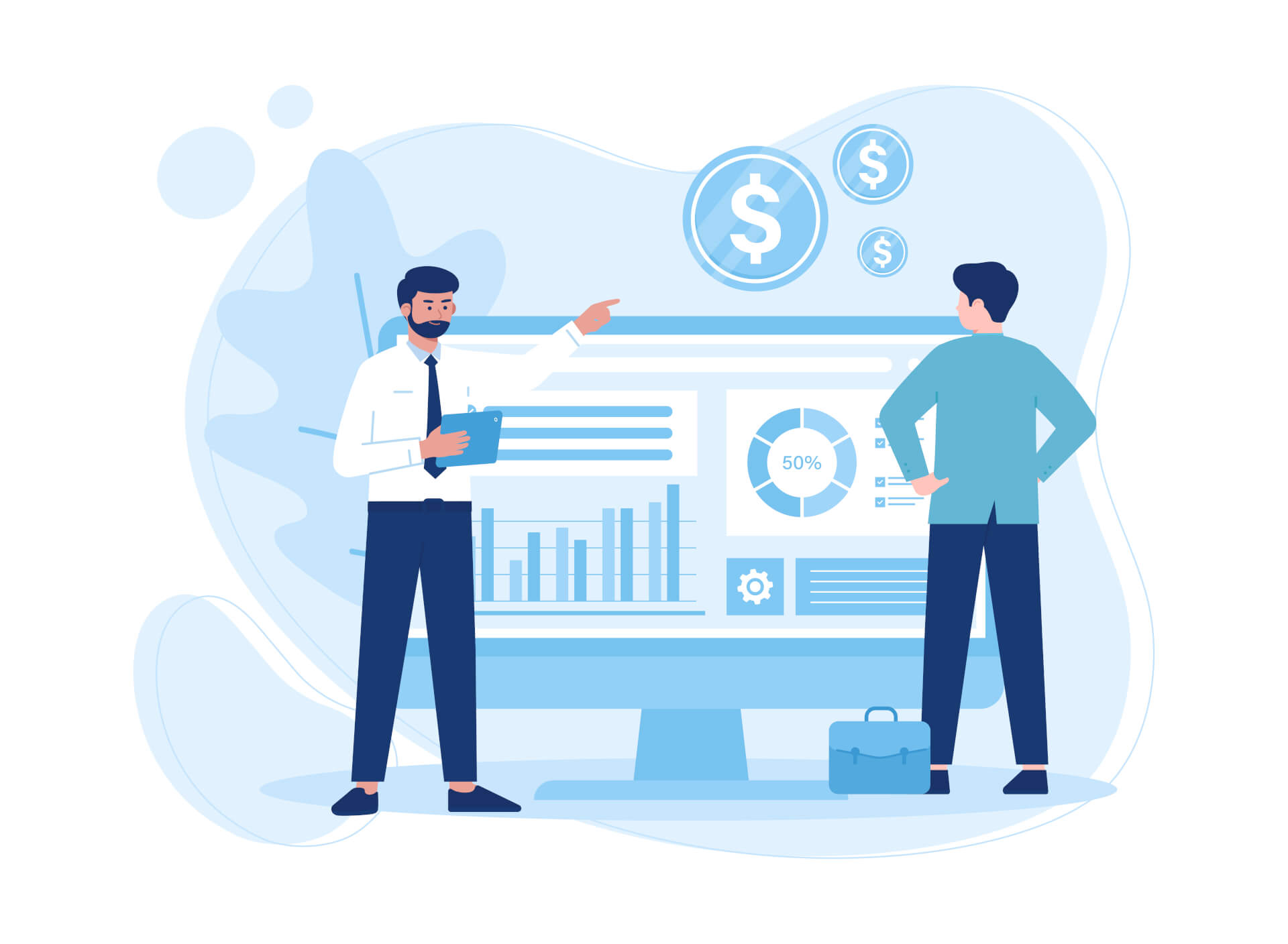 Illustration von zwei Männern, die vor einem riesigen Display mit flexiblen interaktiven Preisinformationen stehen.