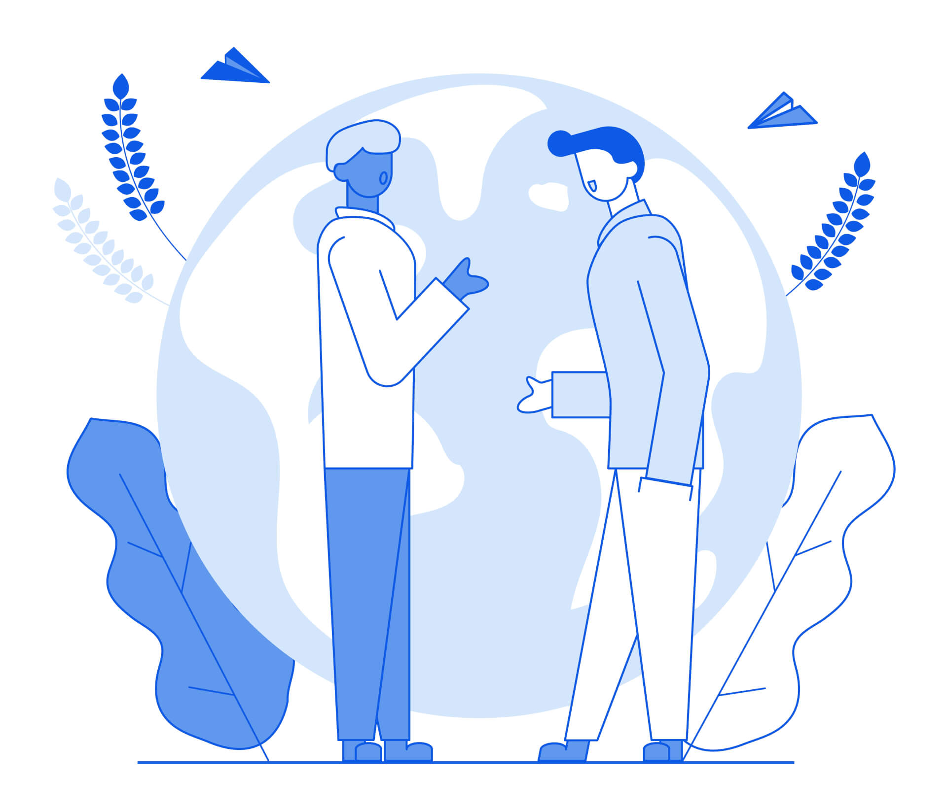 Illustration von zwei Personen, die sich unterhalten, mit einem Globus im Hintergrund.