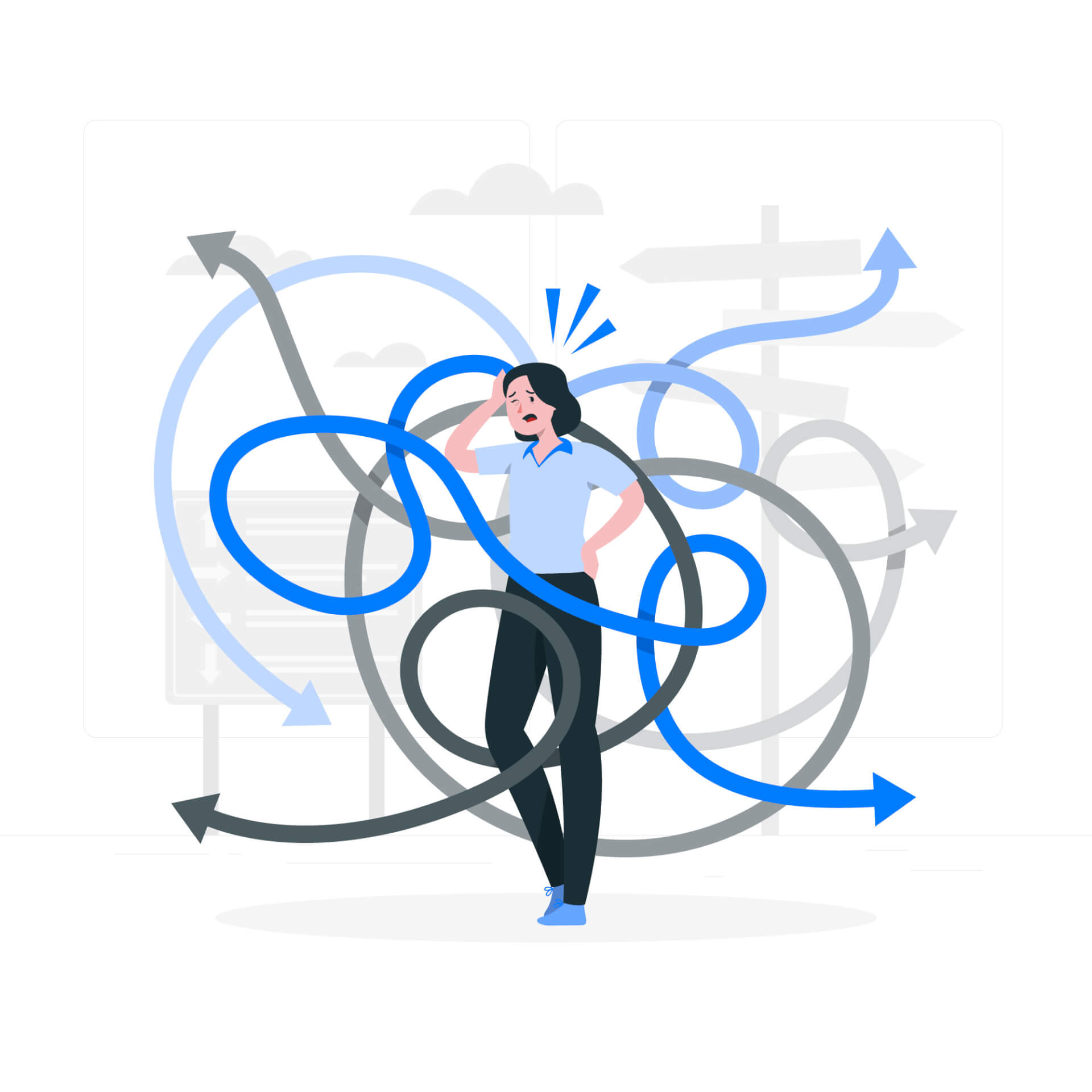Illustration of a woman, desperate, surrounded by lines with arrows, going into multiple directions, unable to choose.