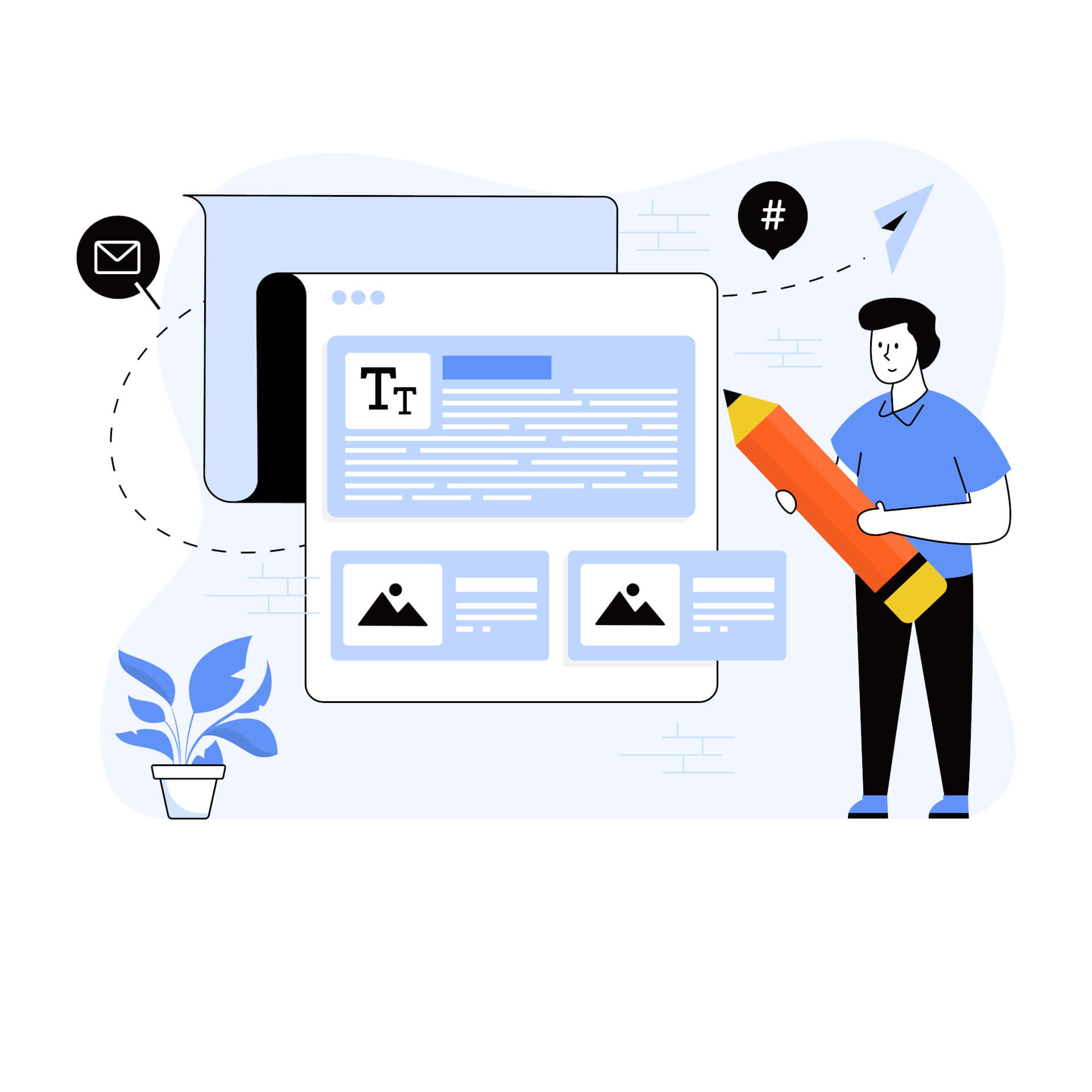 Illustration eines Mannes, der einen riesigen Stift hält und vor einem riesigen Dokument steht, um es zu formatieren.