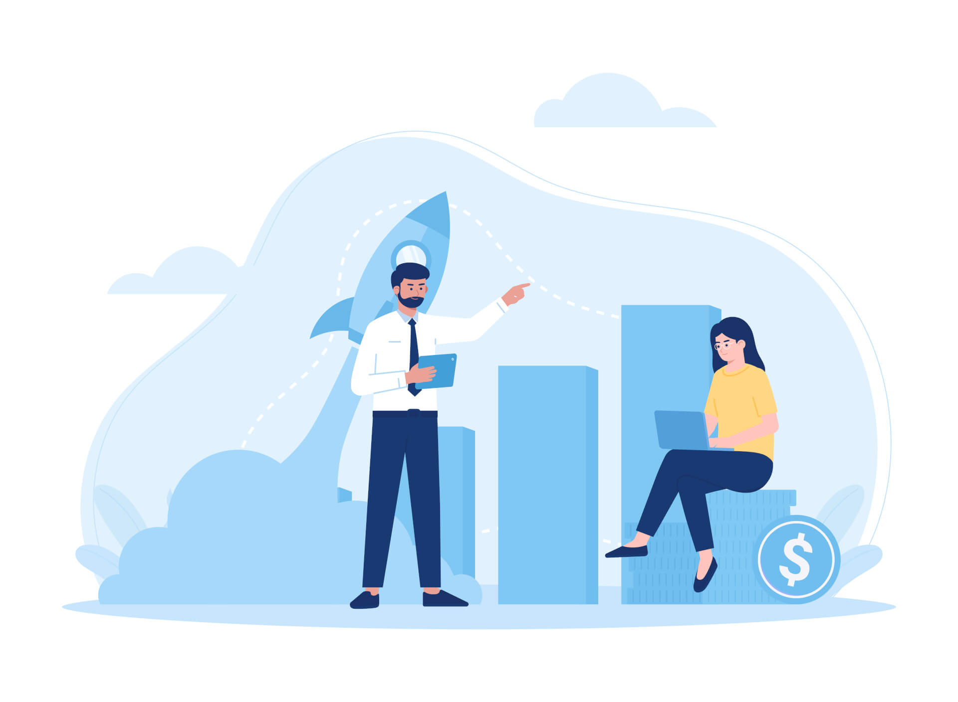 Ilustration of a man, standing in front of a giant pillar chart, a rocket launching n the background. A woman sitting on the right, taking notes on a laptop.