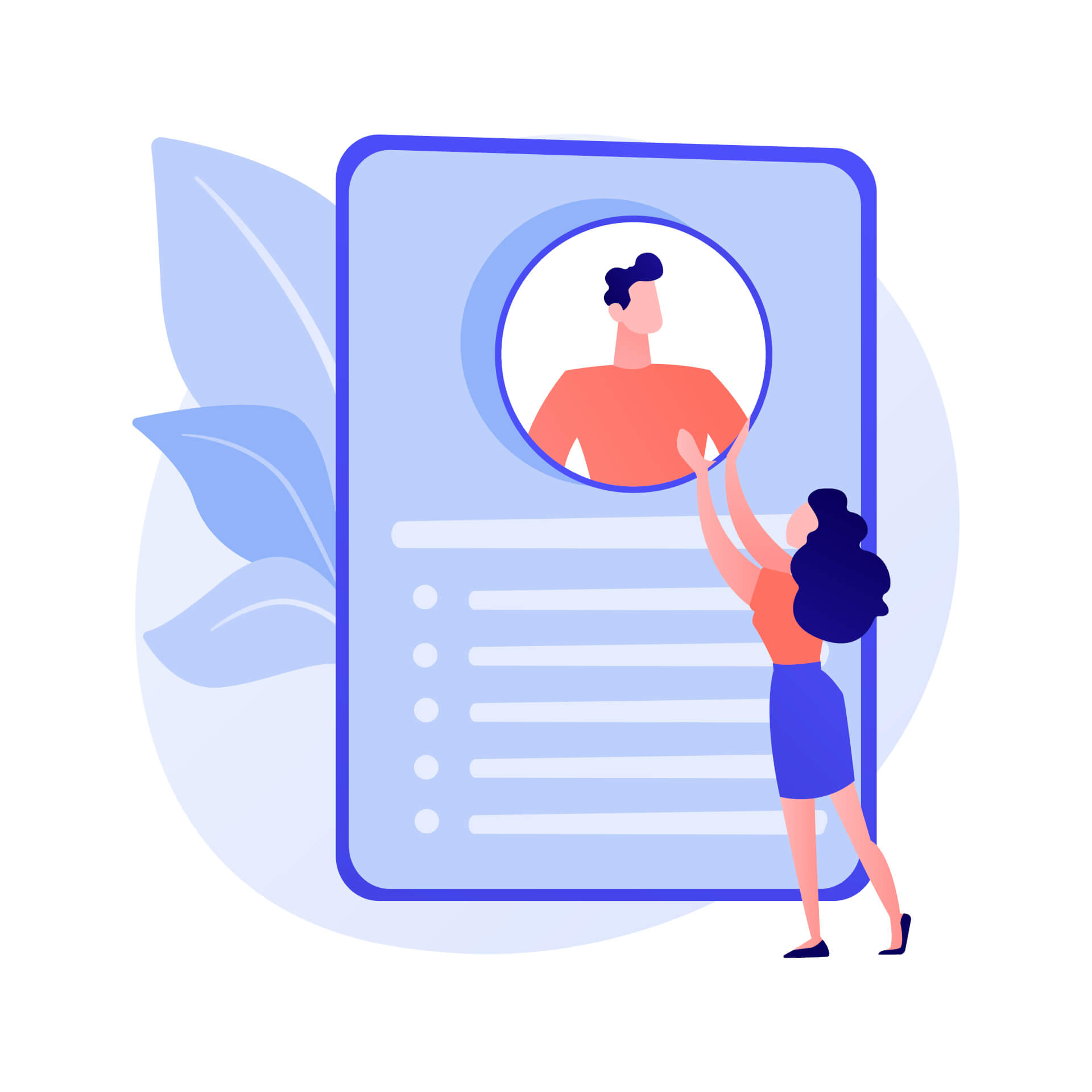 Illustration of a woman standing on front of a persona card, making changes.