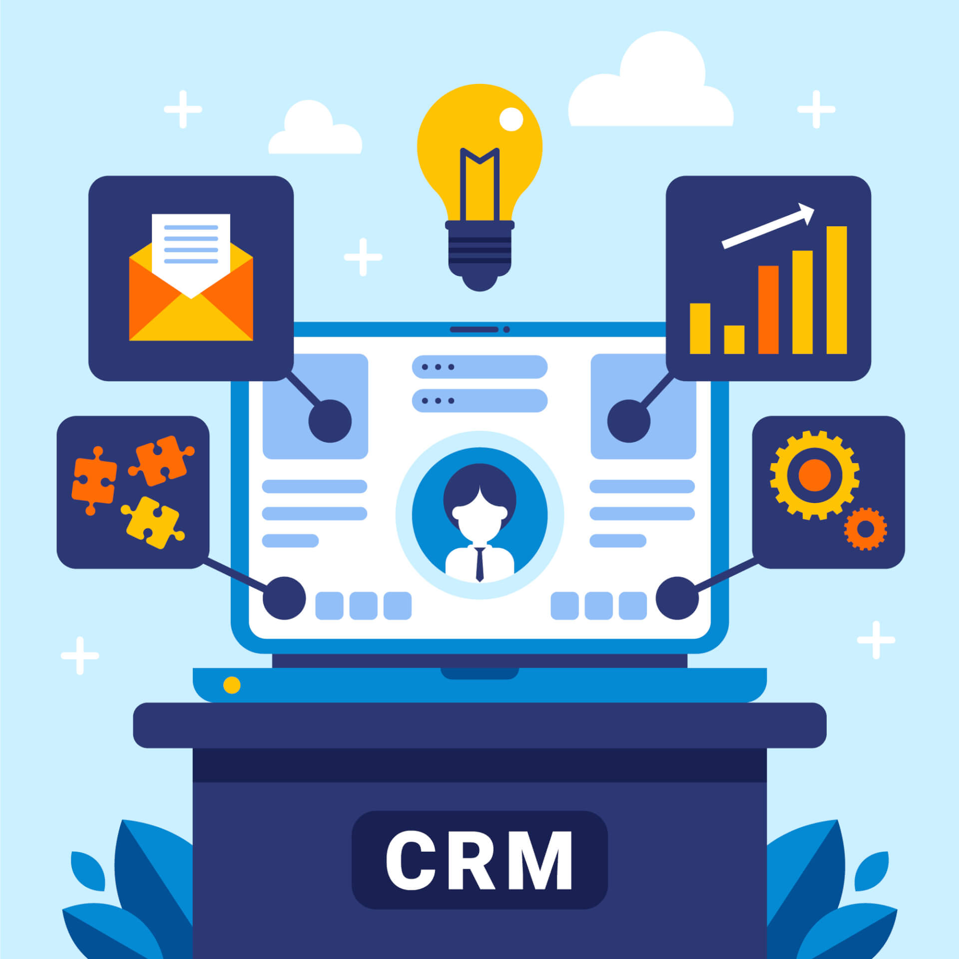 Illustration eines Laptops mit einer CMR-Benutzerseite, umgeben von CRM-bezogenen Symbolen wie Mail, Einstellungen und Statistiken. Unten steht der Schriftzug CRM