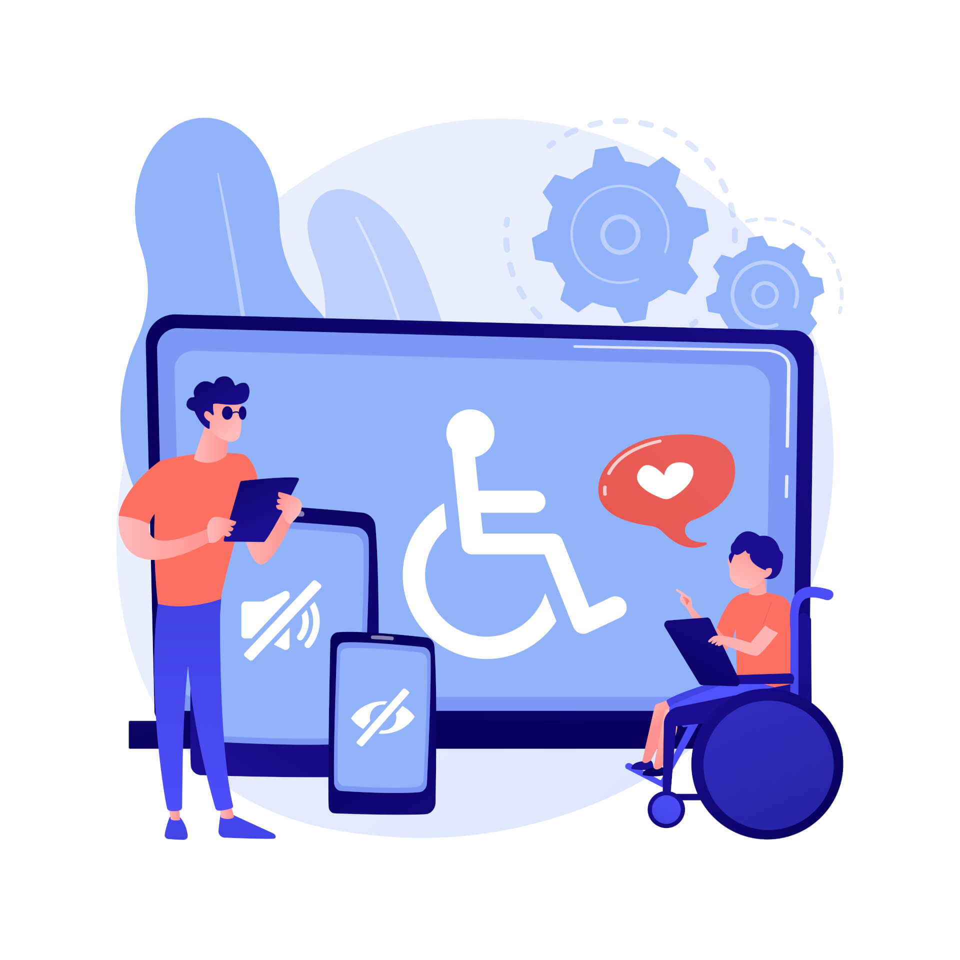 Illustration of giant displays, with disability symbols on them, a man standing on the left, another person in a wheelchair on the right.