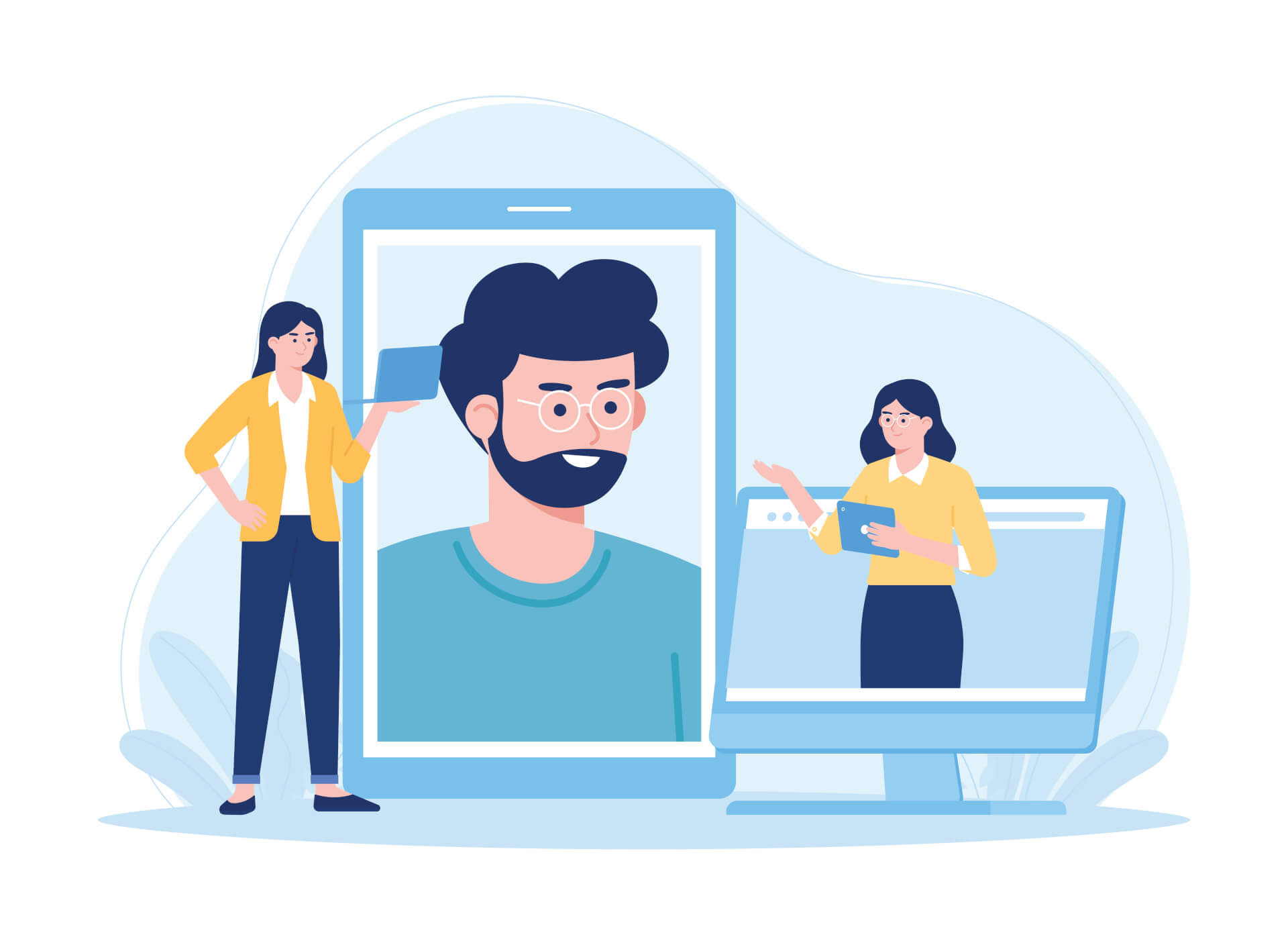 Illustration of different screens, in one a face of a person, in another a woman is kind of stepping out of the screen. Another person standing in front of the screens.