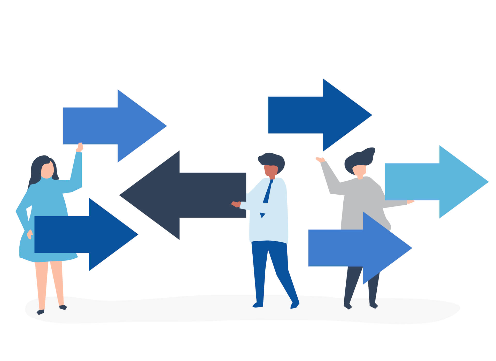Illustration of people carrying arrows in opposite directions.