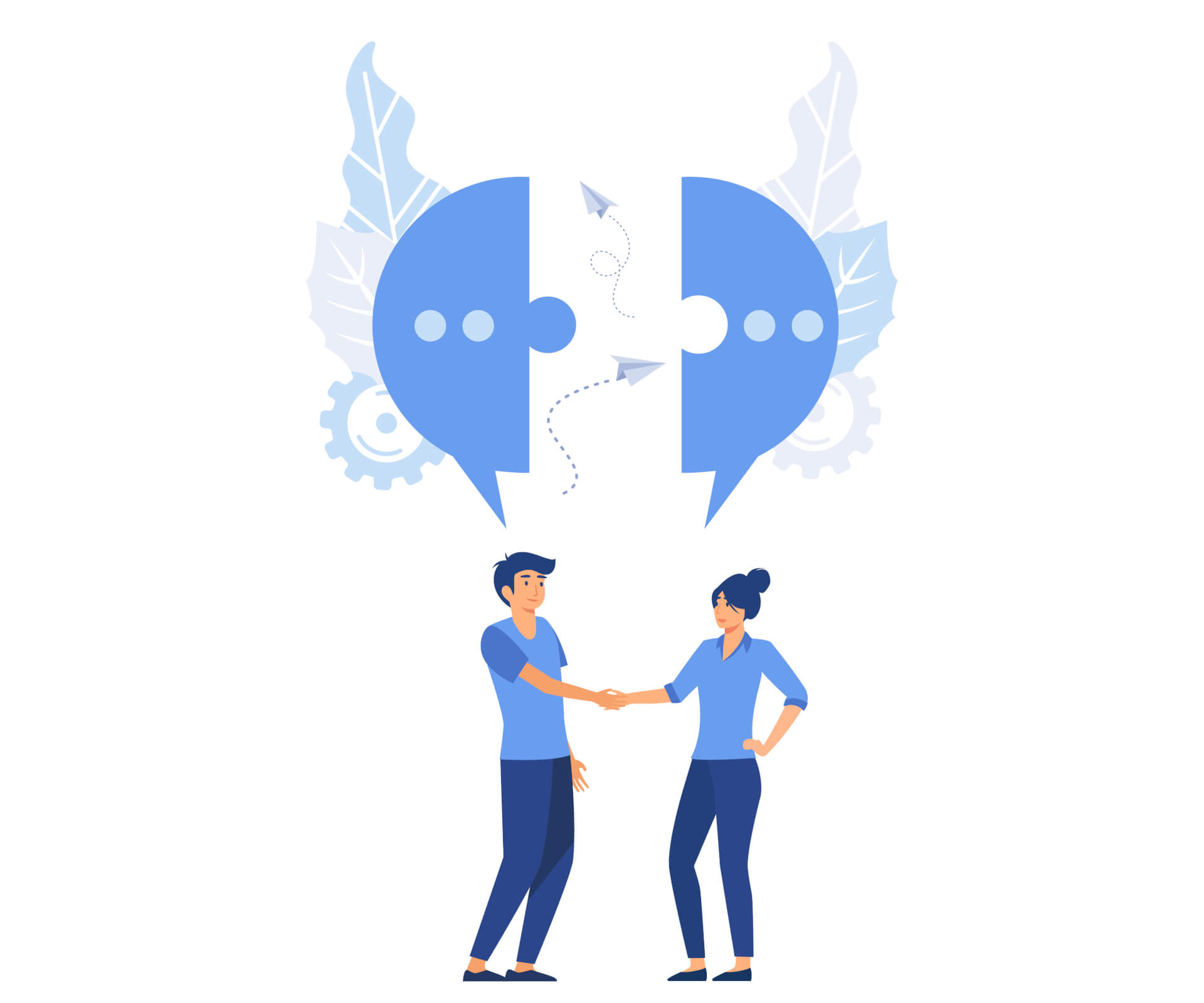 Illustration of a man and a woman shaking hands, with two big puzzle pieces floating over them.
