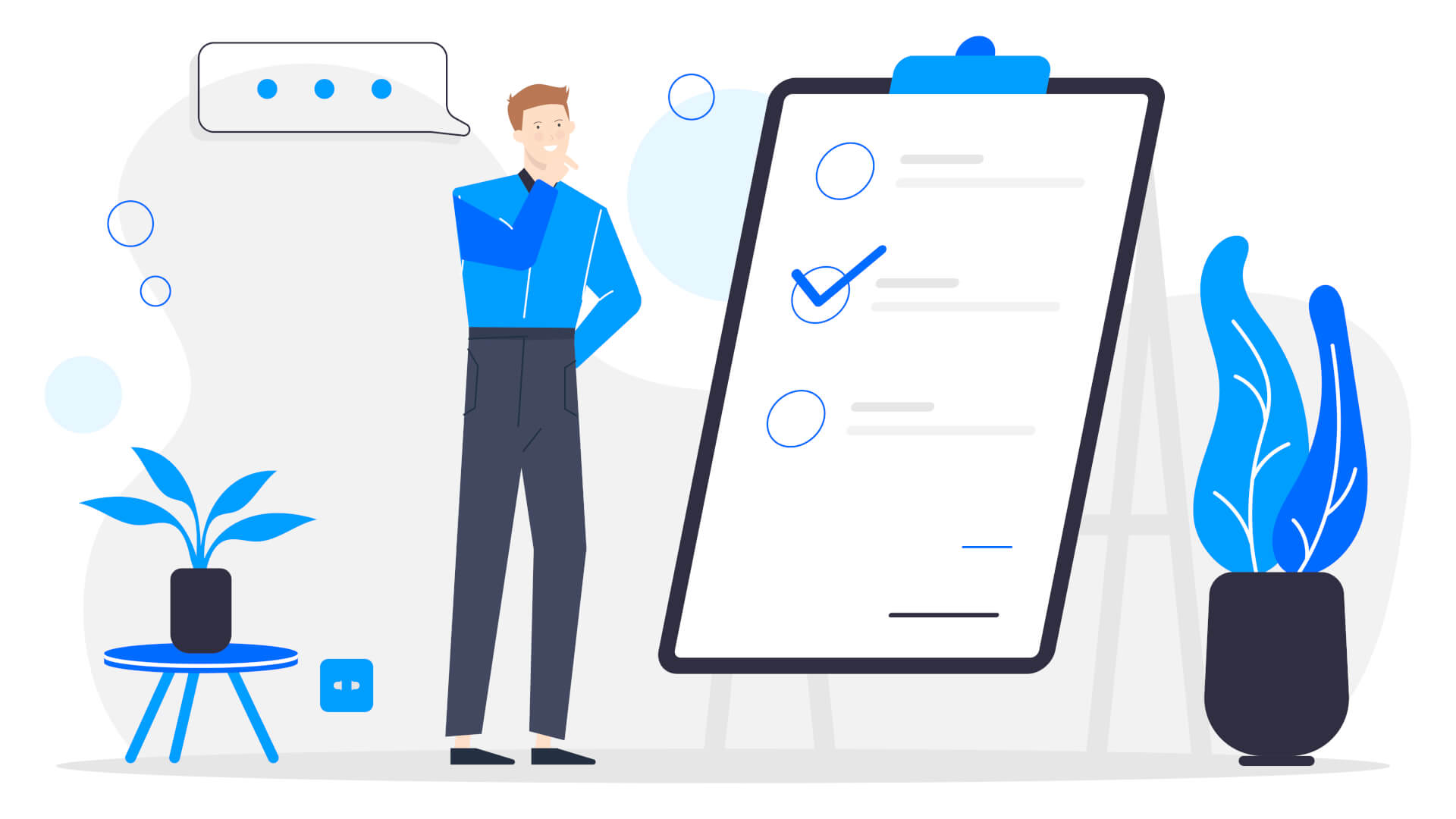 Illustration eines Mannes, der vor einem riesigen Klemmbrett mit Checkliste steht.