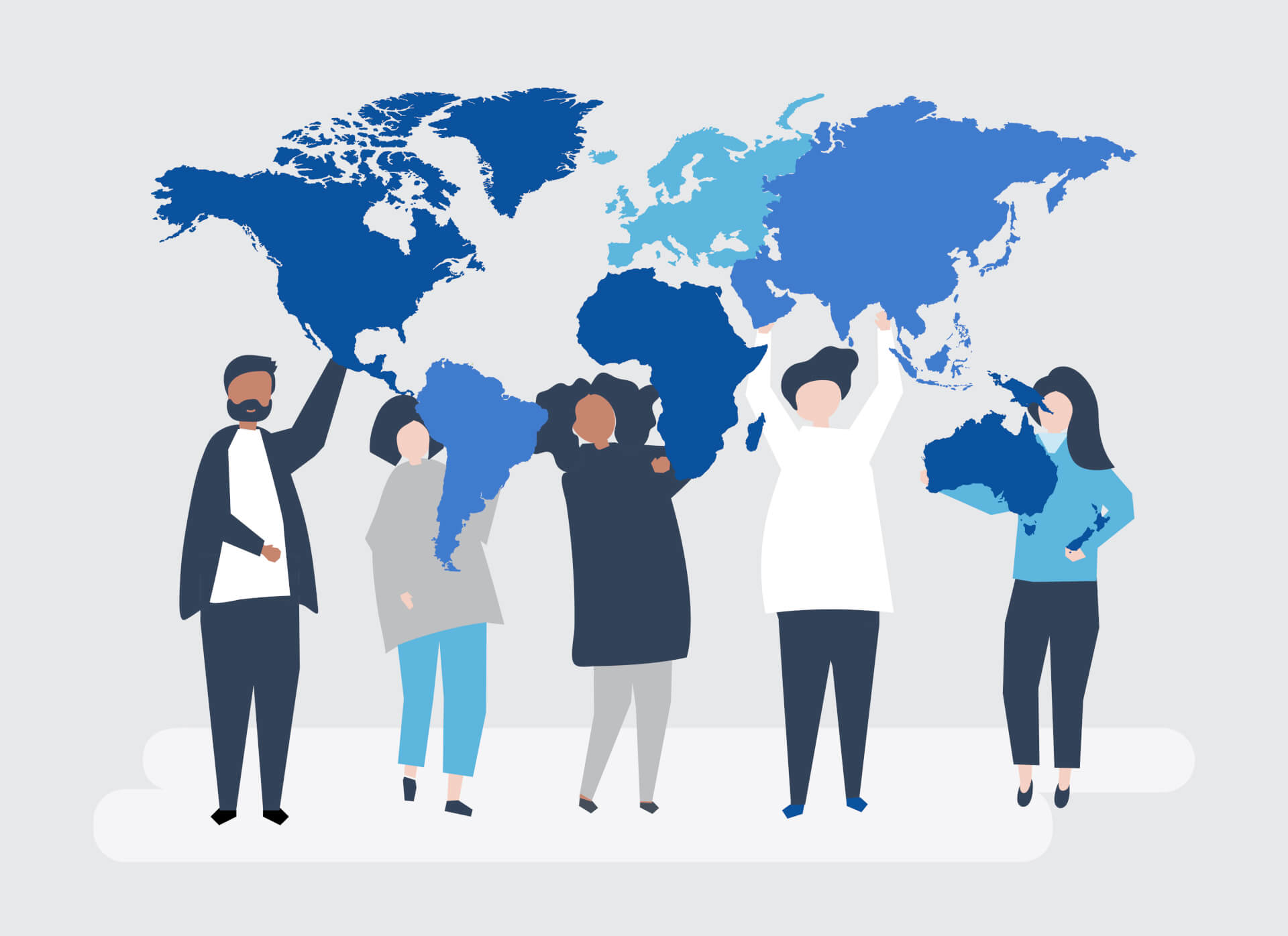 Illustration of a group of people standing in front of a giant world map, raising hands up in the air.