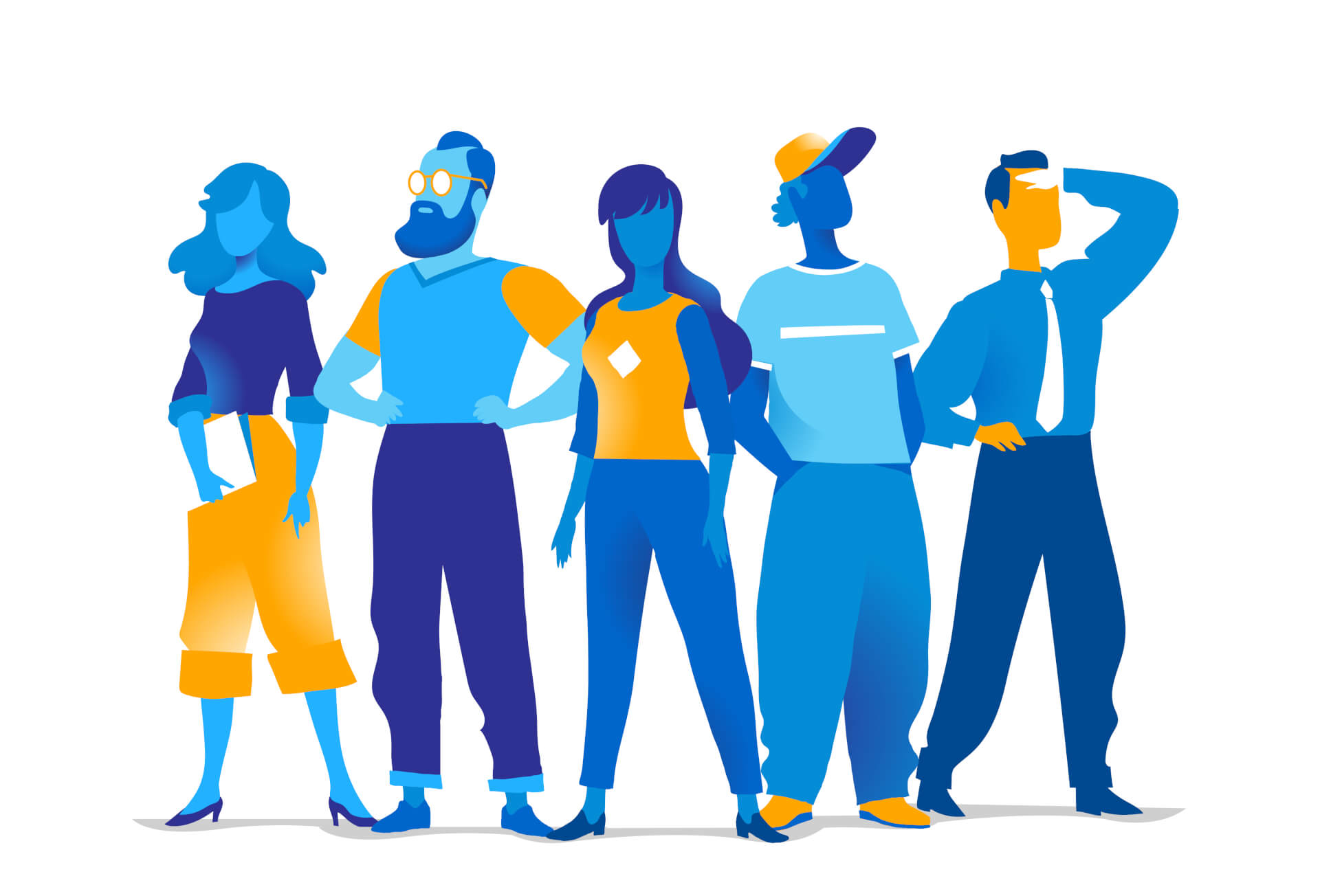 Illustration of a group of people, old and young, in modern and business dress