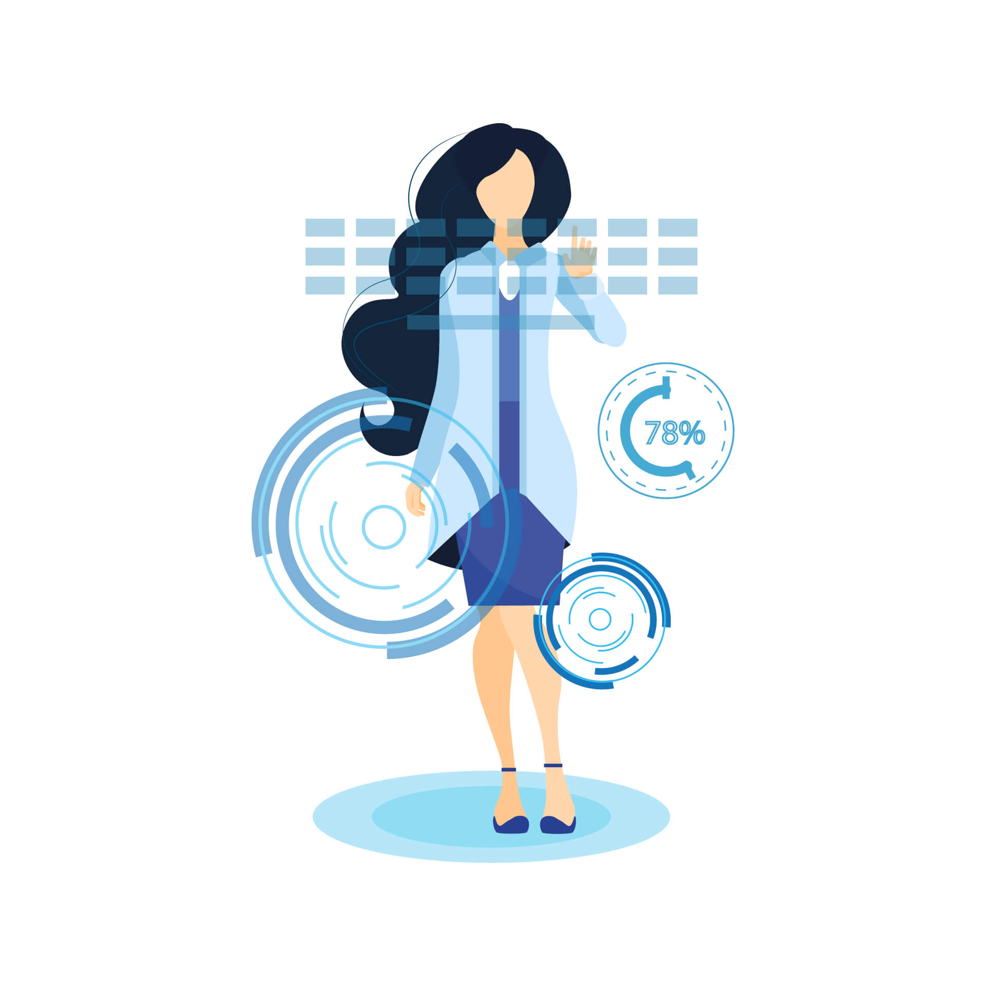 Illustration of a woman working with AI on futuristic screen