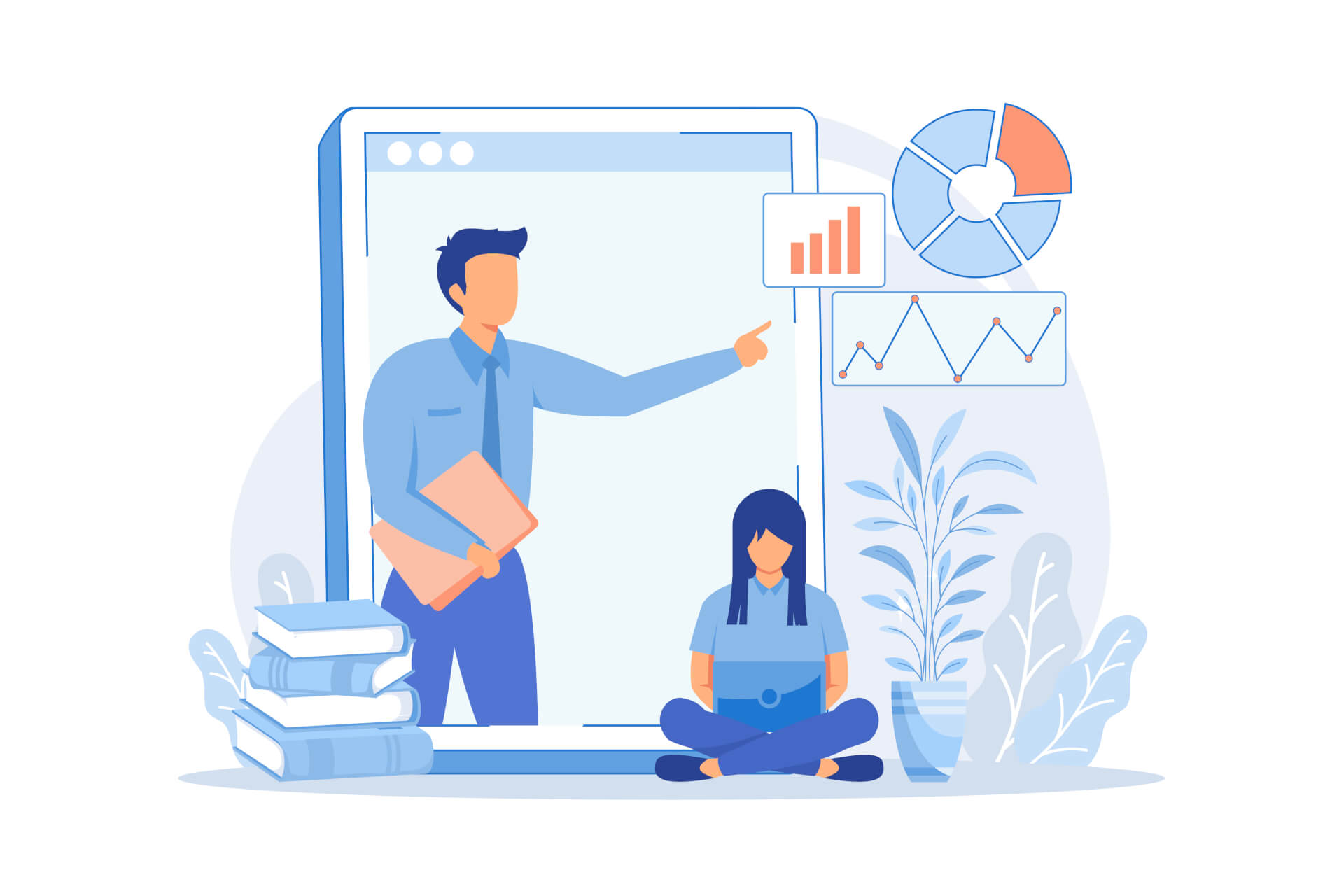 Illustration of a man standing, pointing to statistics, a woman sitting, working on laptop