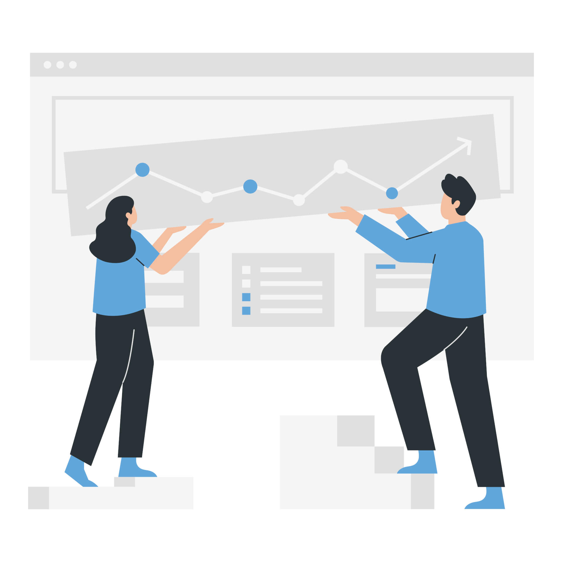 Illustration eines Mannes und einer Frau, die vor einem riesigen Bildschirm stehen und das darauf angezeigte Dashboard anpassen.