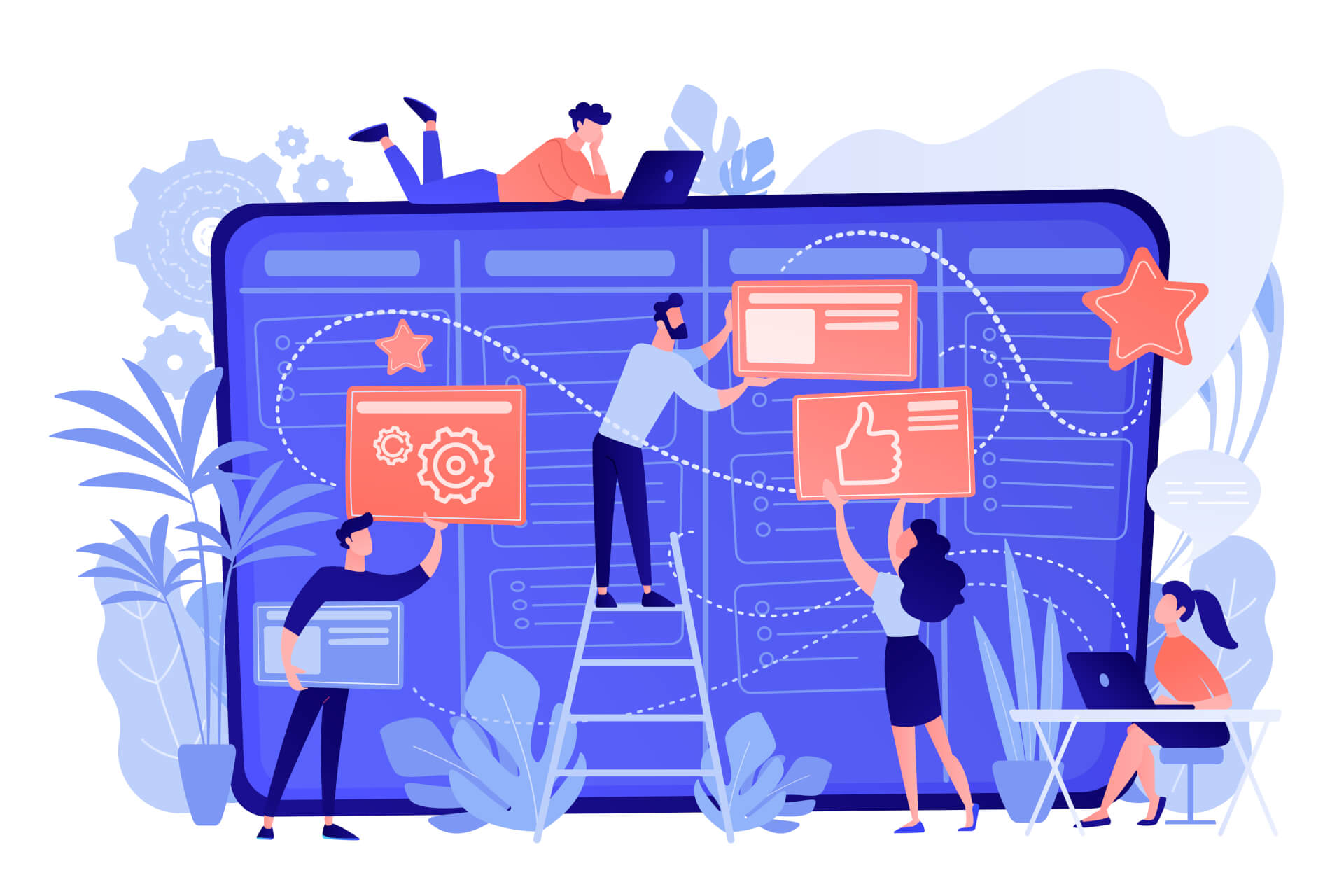 Illustration von vier Personen, die an einem riesigen Kanban-Board arbeiten.