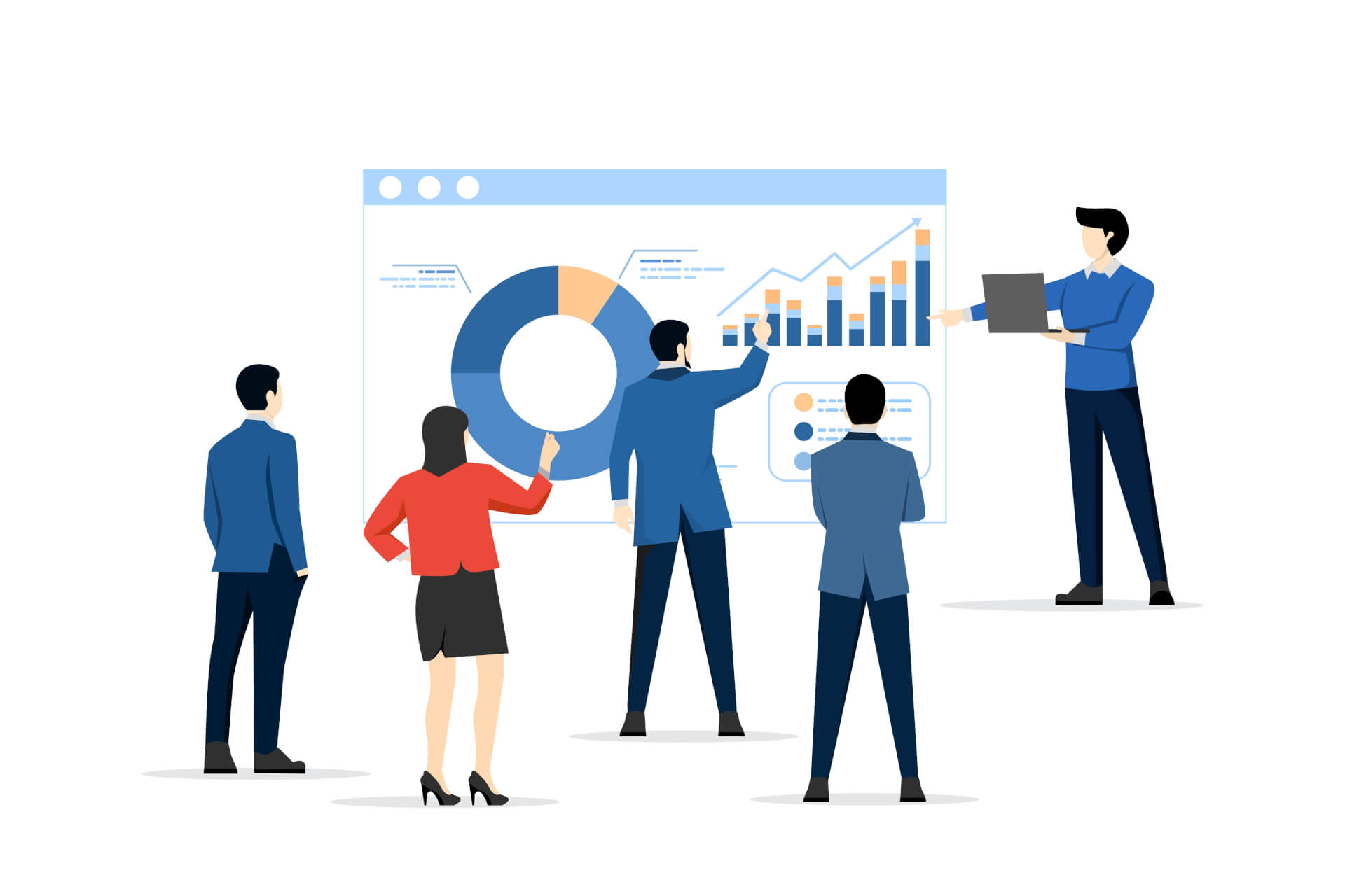 Illustration of a man standing next to a giant display with statistics, presenting the data, four other persons in front, listening.