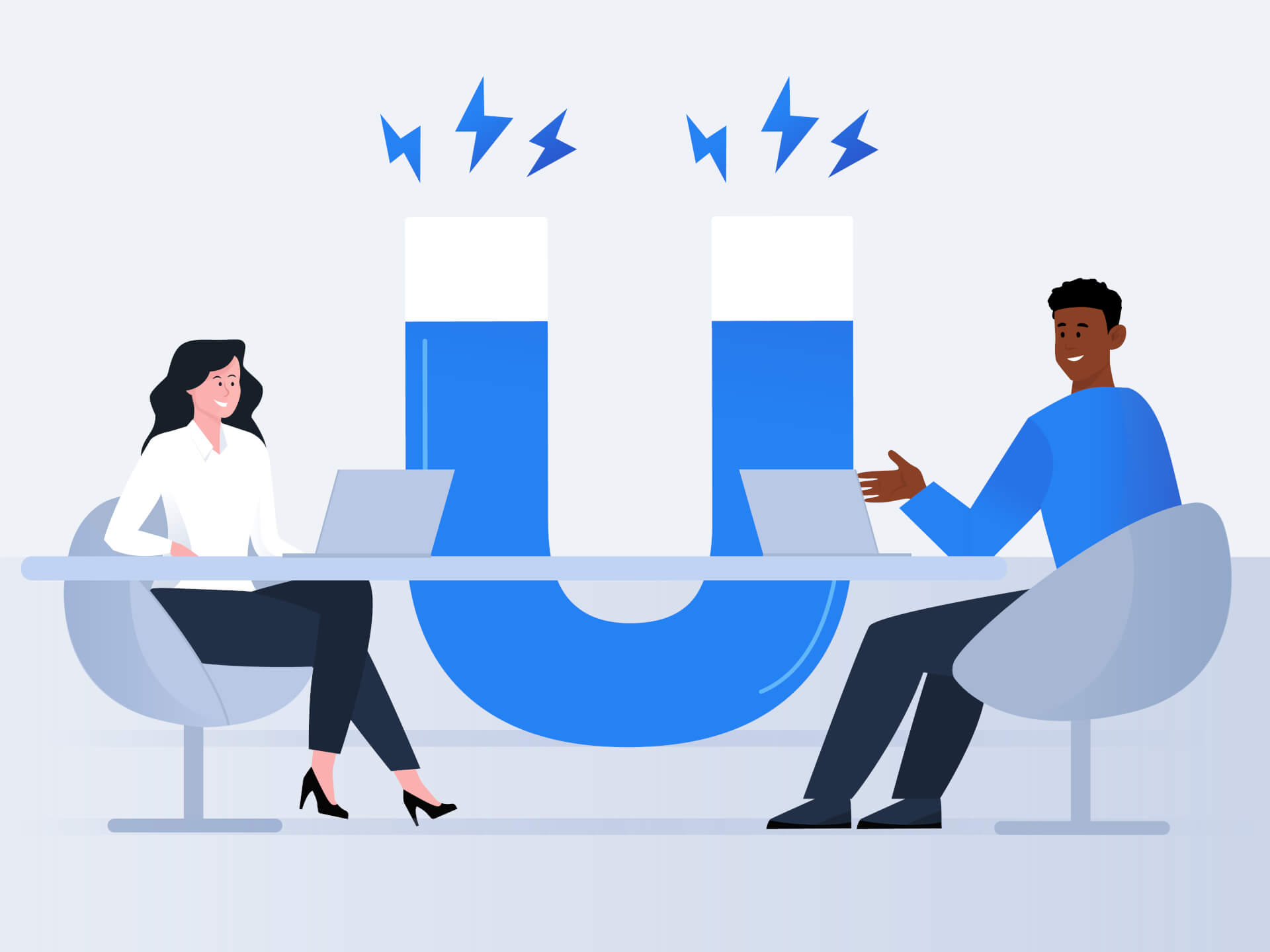 Illustration of two persons sitting at opposite sides of a table, in the center, a giant magnet.