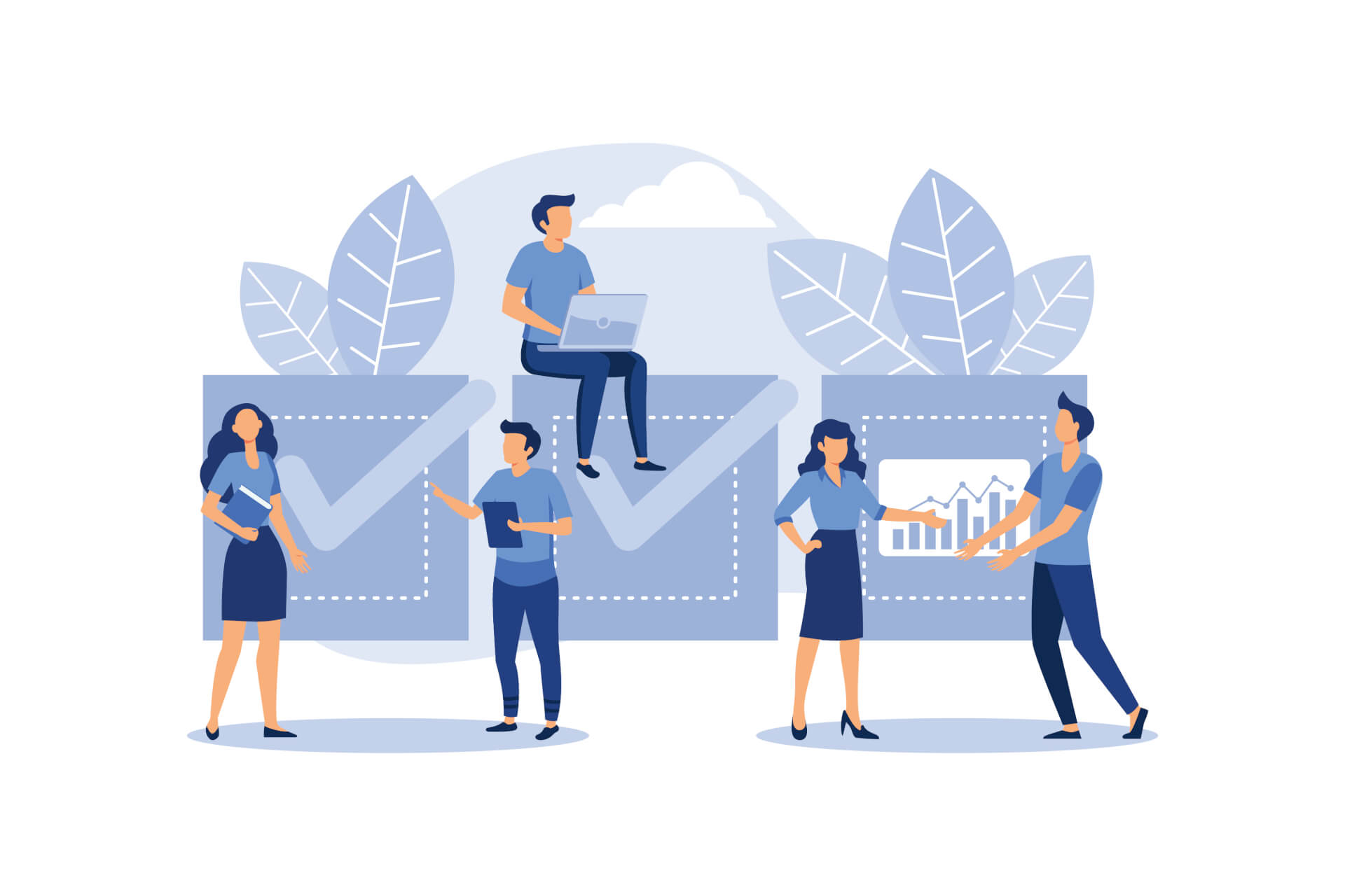 Illustration of a group of people sanding in front of big boxes, some checked, one a display with statistics on front