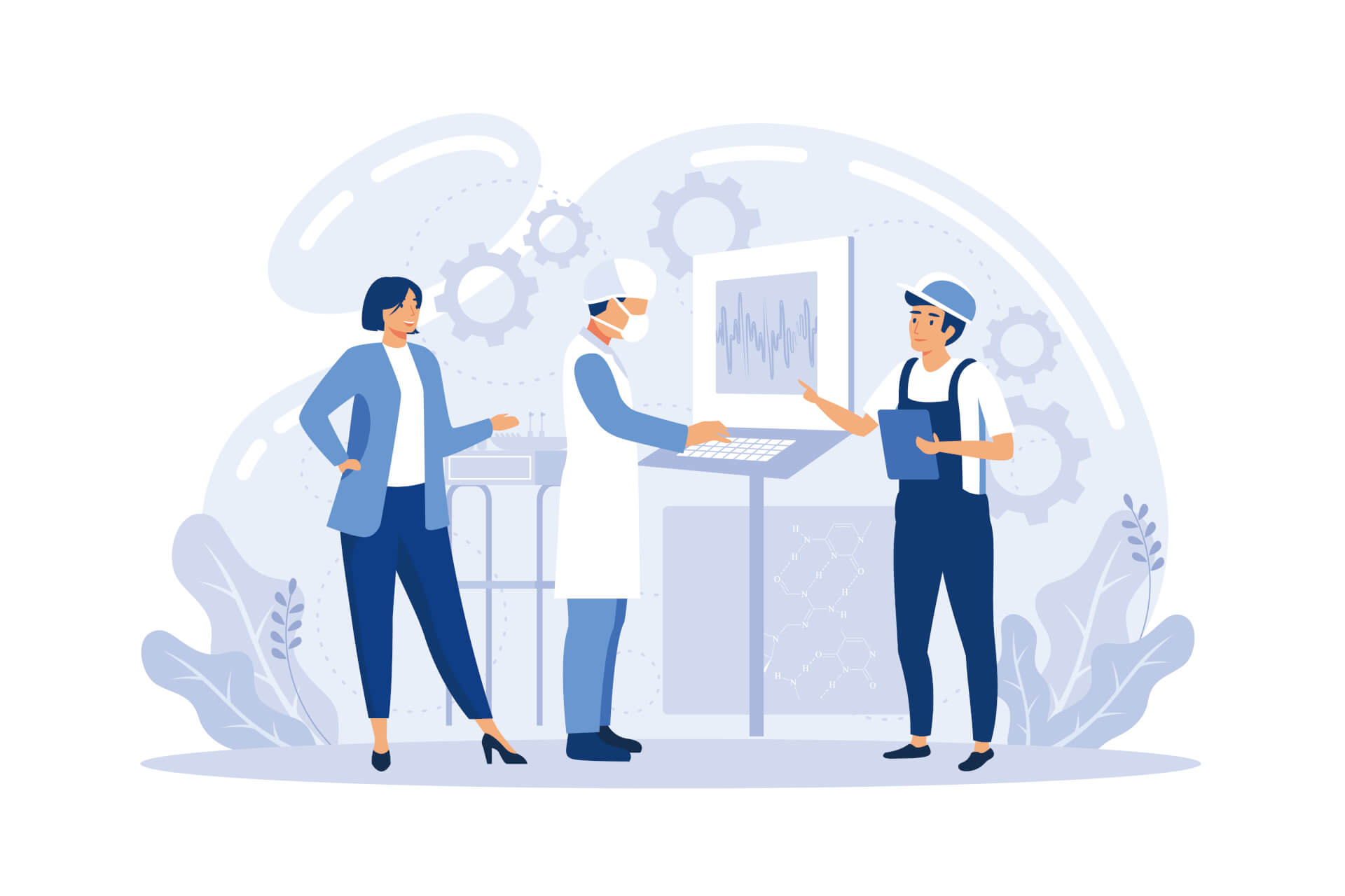 Illustration of a medical professional, a technician and a sales person standing around a laptop