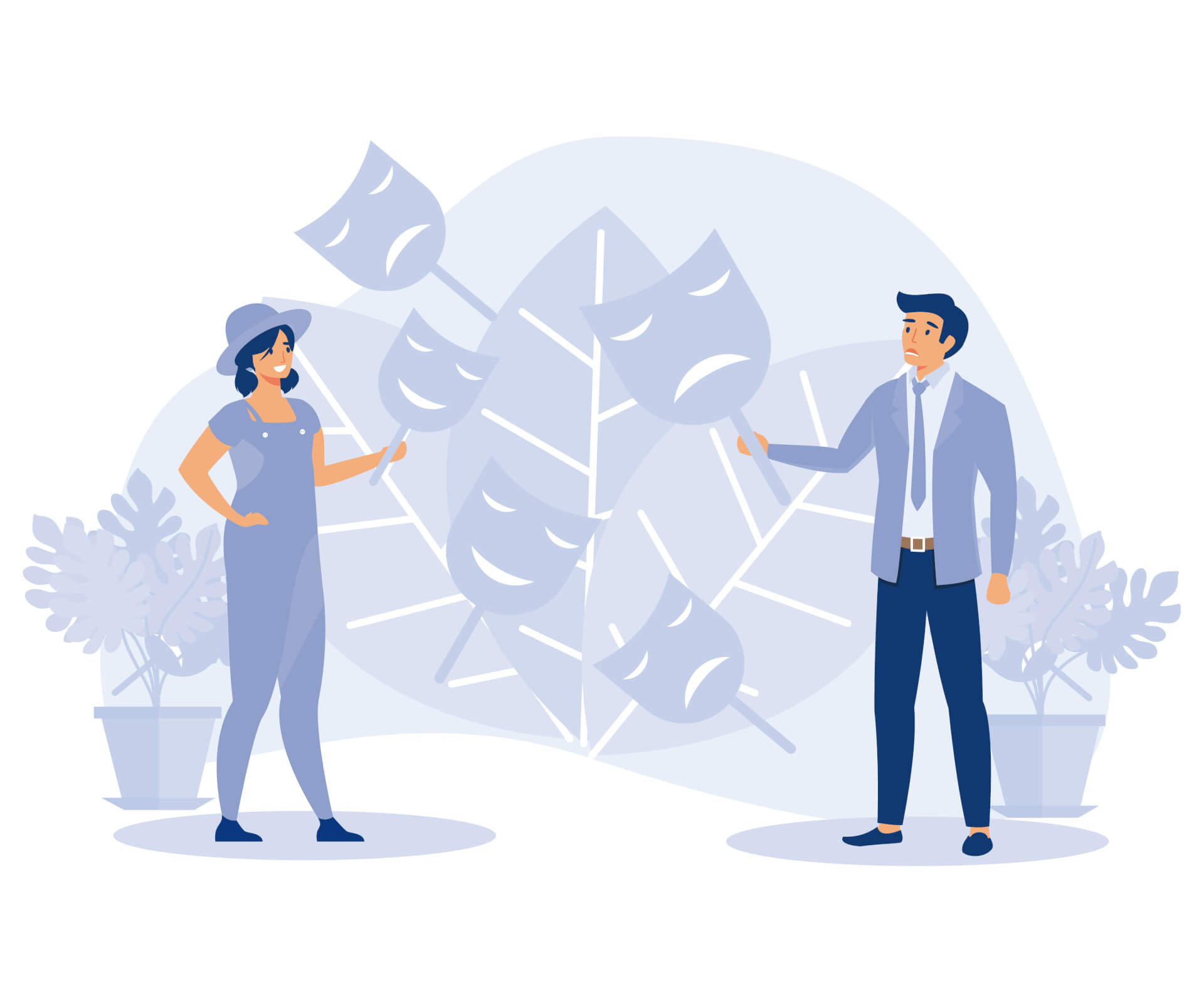 Illustration of two persons standing next to each other, one holding a happy mask, the other holding an unhappy one. 