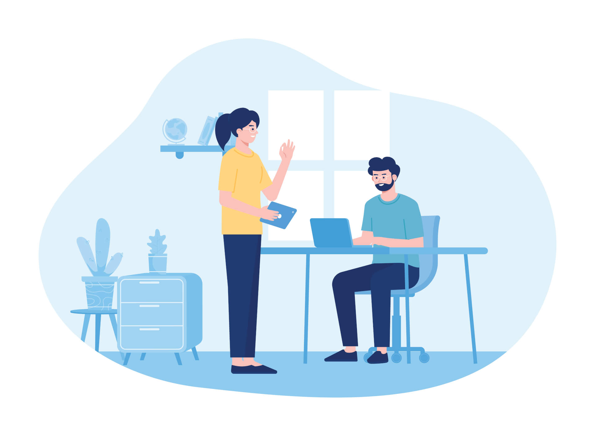 Illustration of a man sitting at a desk working on laptop, a woman standing next to him, explaining. 