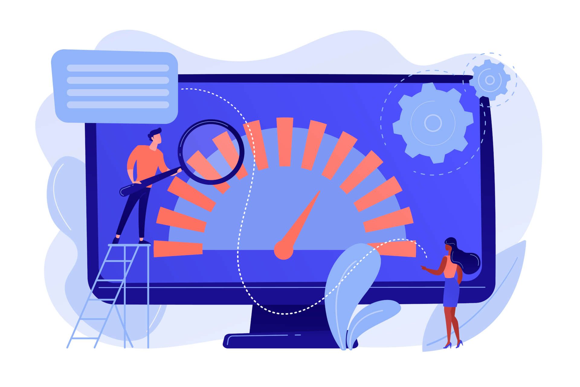 Illustration of two persons standing in front of a giant screen, checking the results of the benchmark
