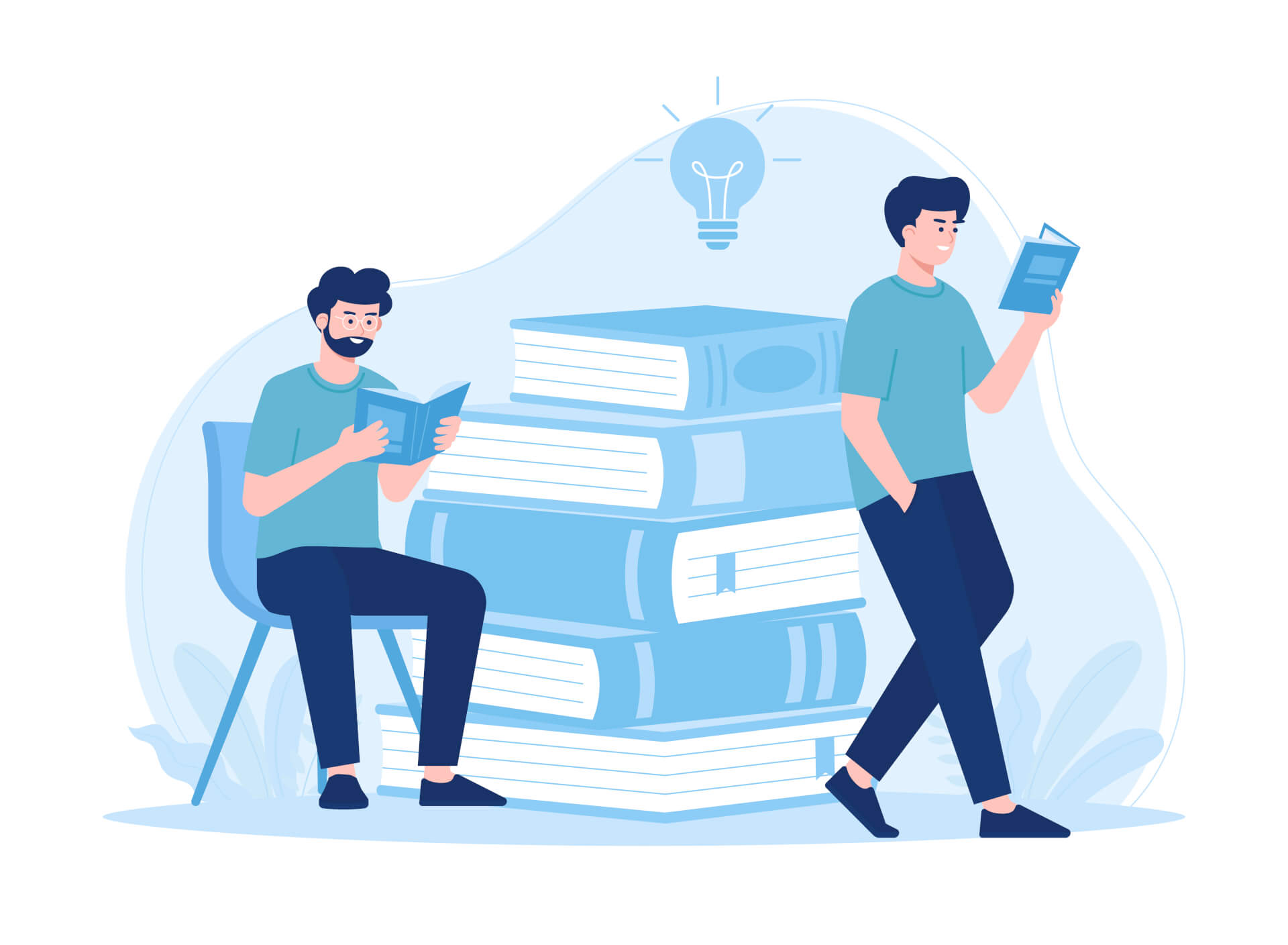 Illustration von zwei Personen vor einem Stapel riesiger Bücher, die lesen