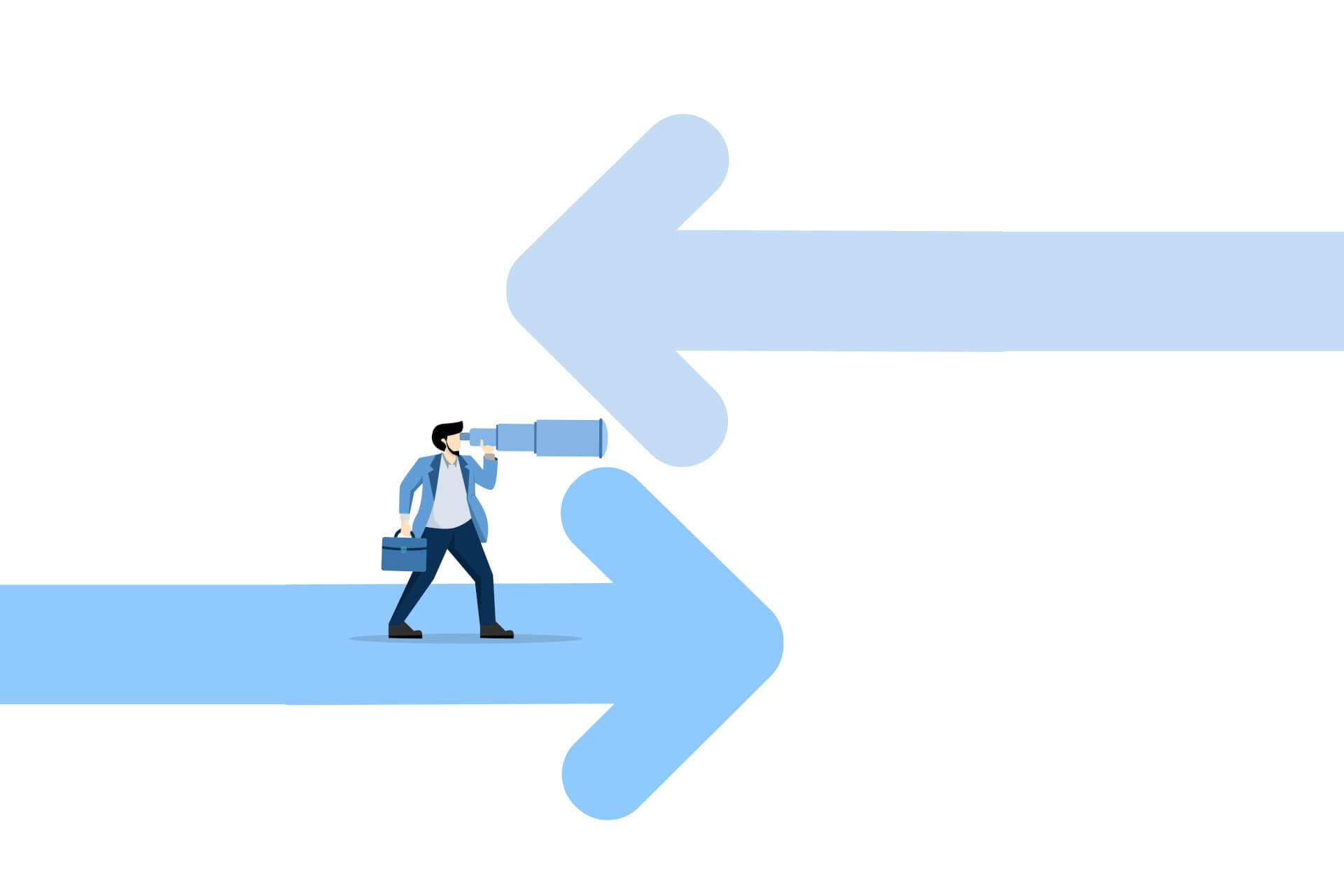 Illustration of a man holding binoculars, walking on an arrow pointing into one direction. Another arrow behind him points to the opposite direction