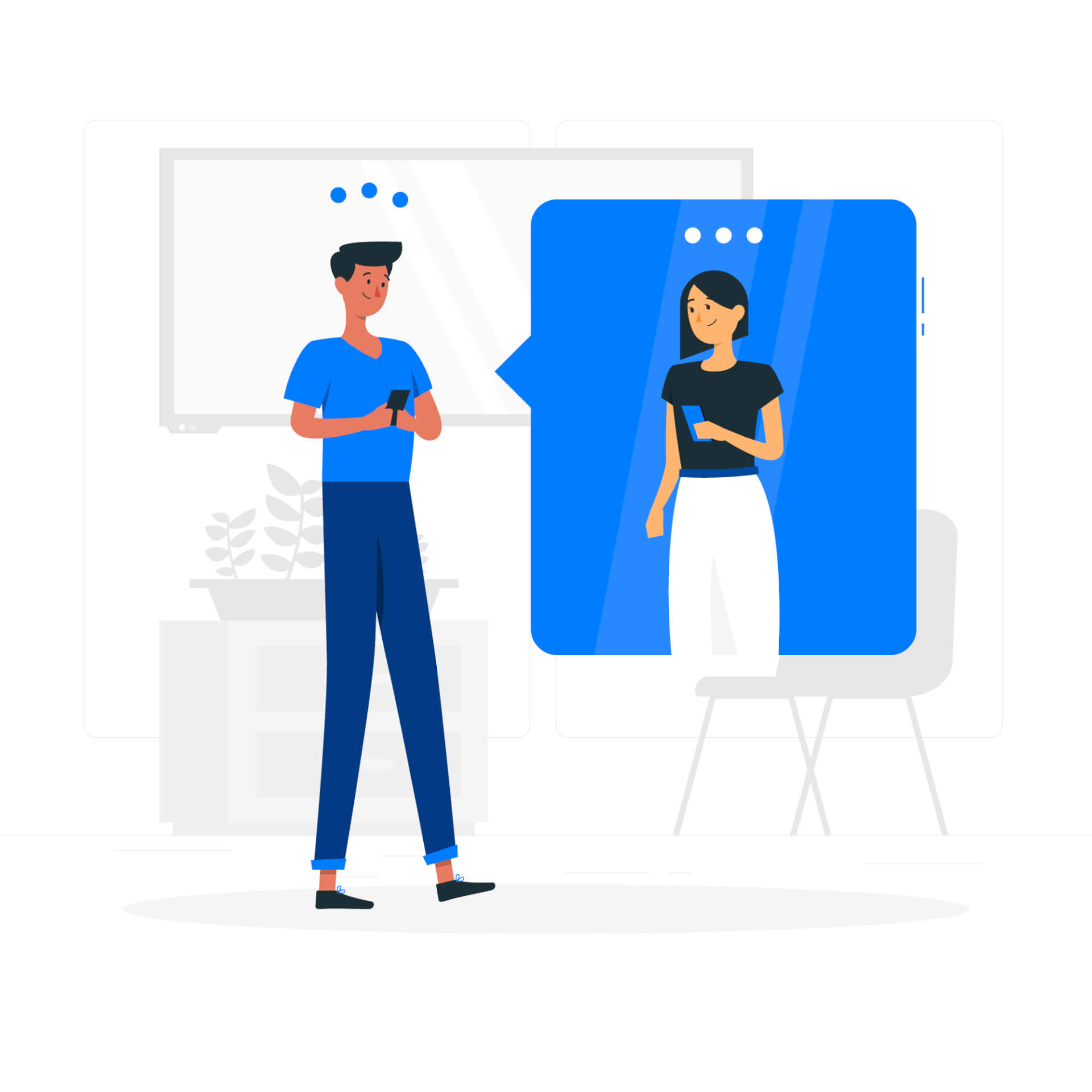 Illustration of a man standing on front of a giant smartphone display, a woman inside it, looking at him. 