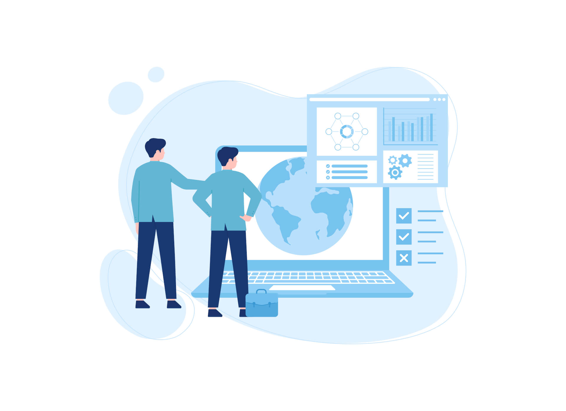 Illustration von zwei Männern, die sich die Daten auf einem riesigen Laptop ansehen