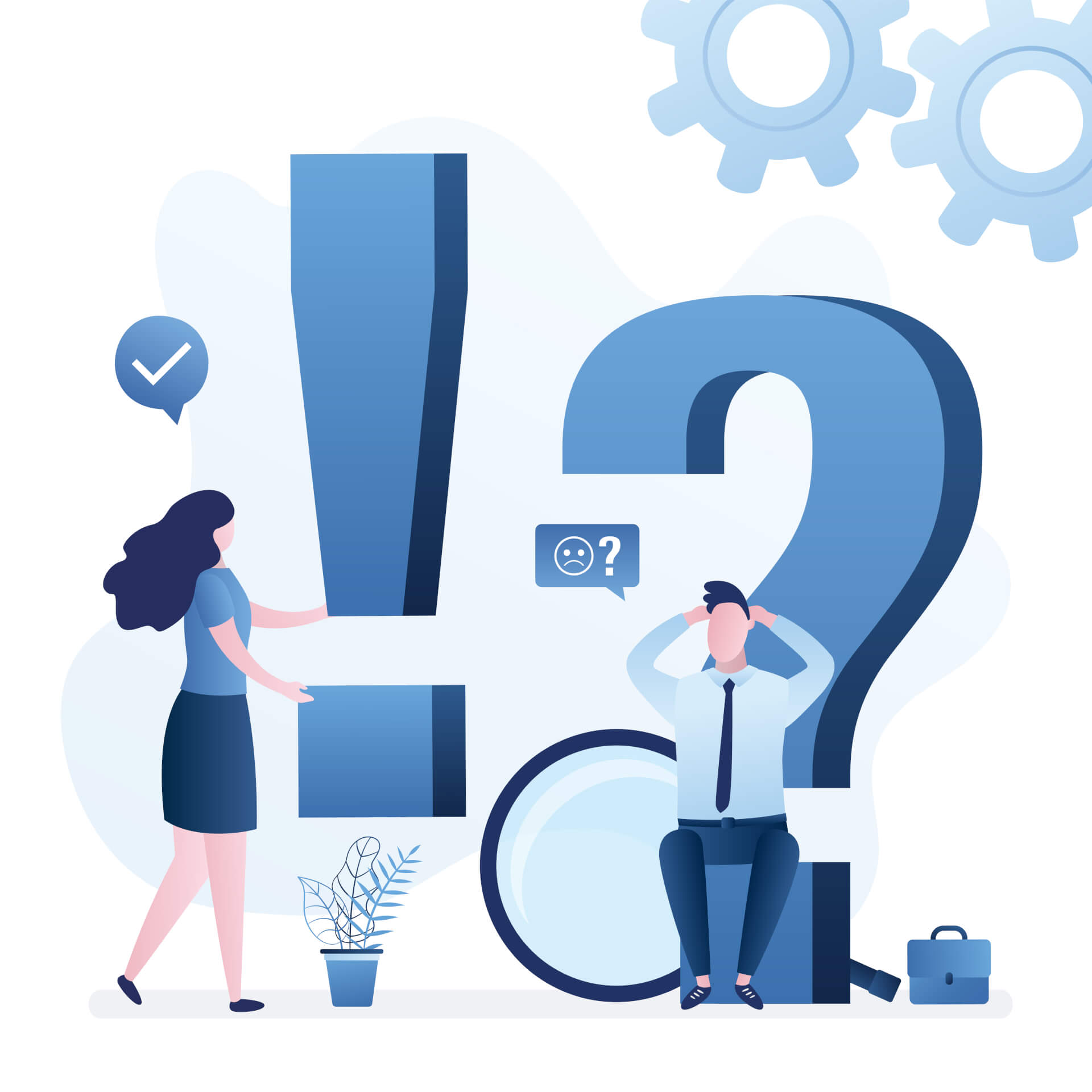 Illustration eines Mannes, der auf einem Fragezeichen sitzt und sich fragt, warum eine Frau auf ihn zukommt, die ein Ausrufezeichen hält