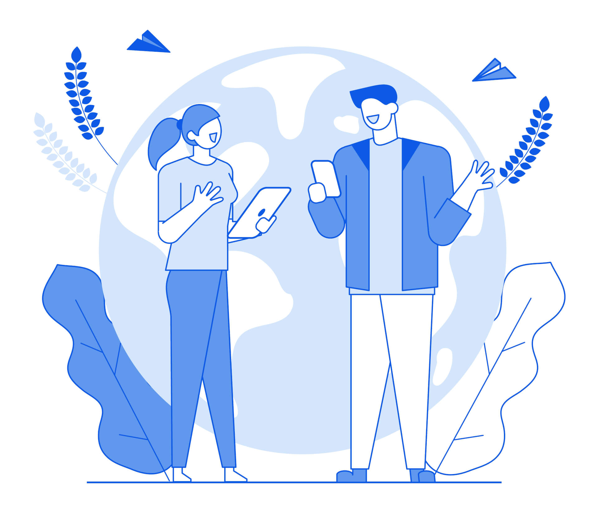 Illustration von zwei Personen, die nebeneinander stehen und glücklich auf ihre Smartphones schauen.