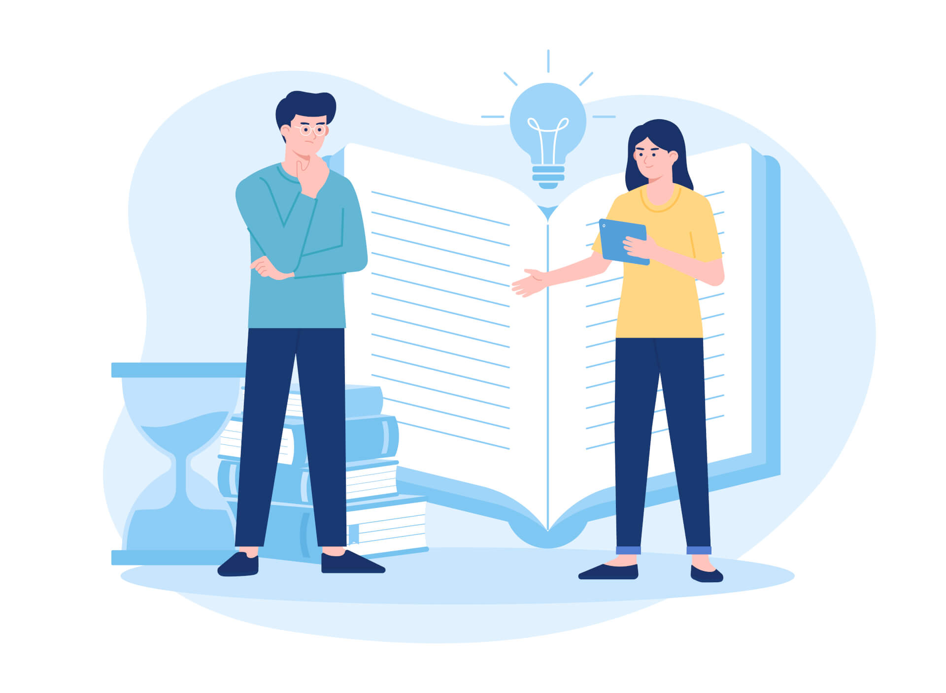 Illustration of two persons standing in front of a giant opened book.